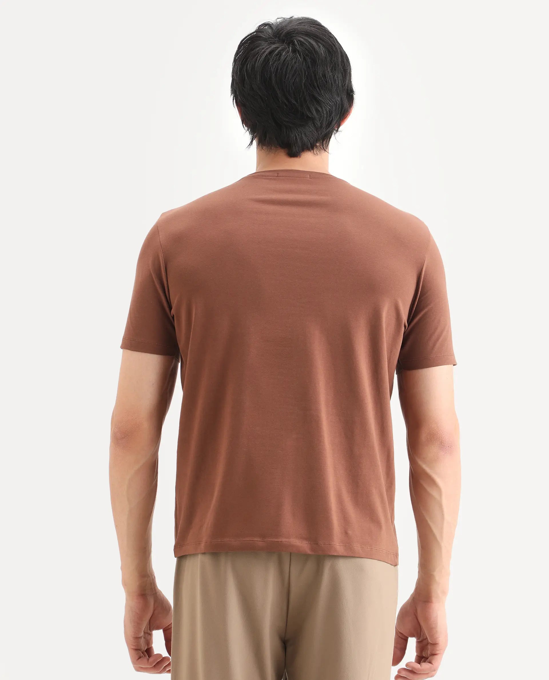 Rare Rabbit Men's Spur Pastel Brown Cotton Blend Fabric Half Sleeve Crew Neck Regular Fit Graphic Print T-Shirt