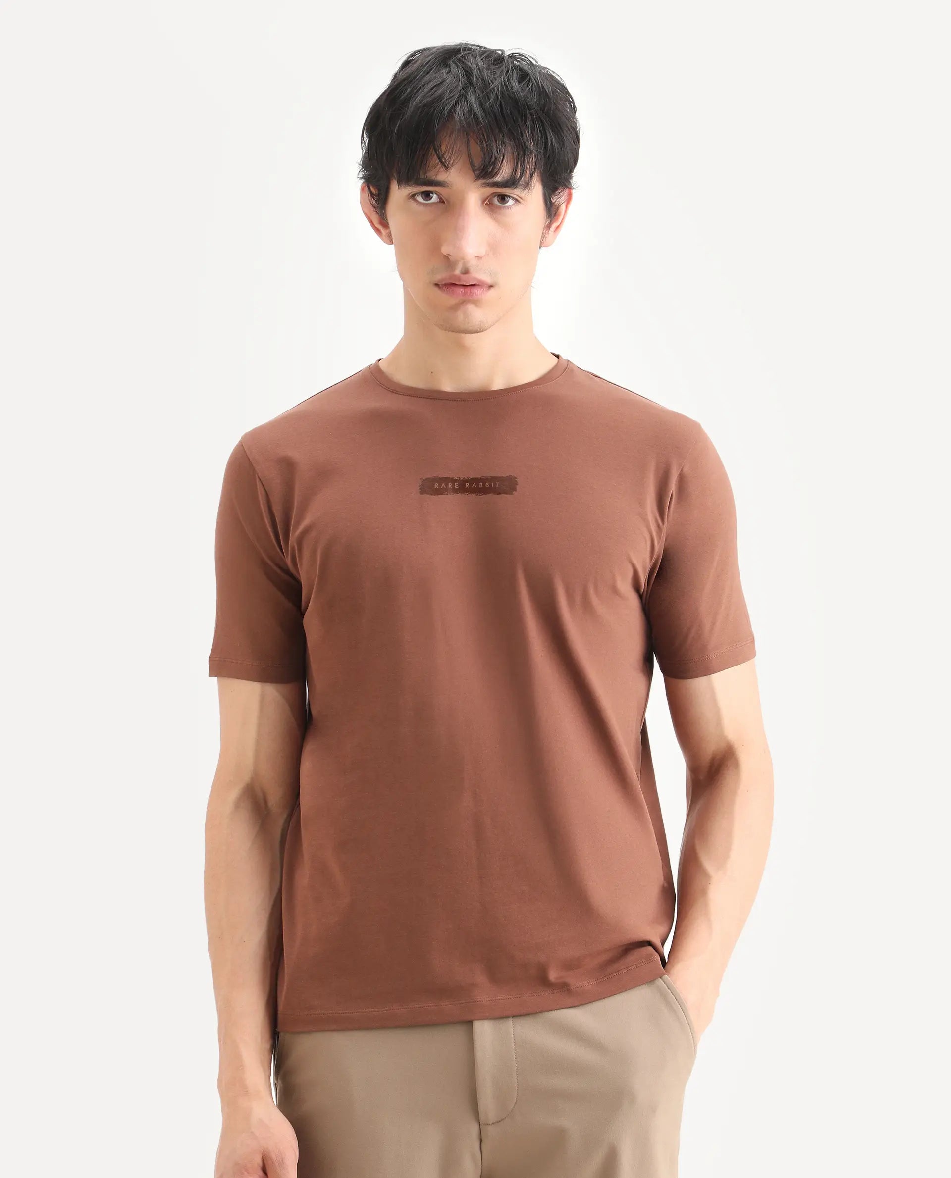 Rare Rabbit Men's Spur Pastel Brown Cotton Blend Fabric Half Sleeve Crew Neck Regular Fit Graphic Print T-Shirt