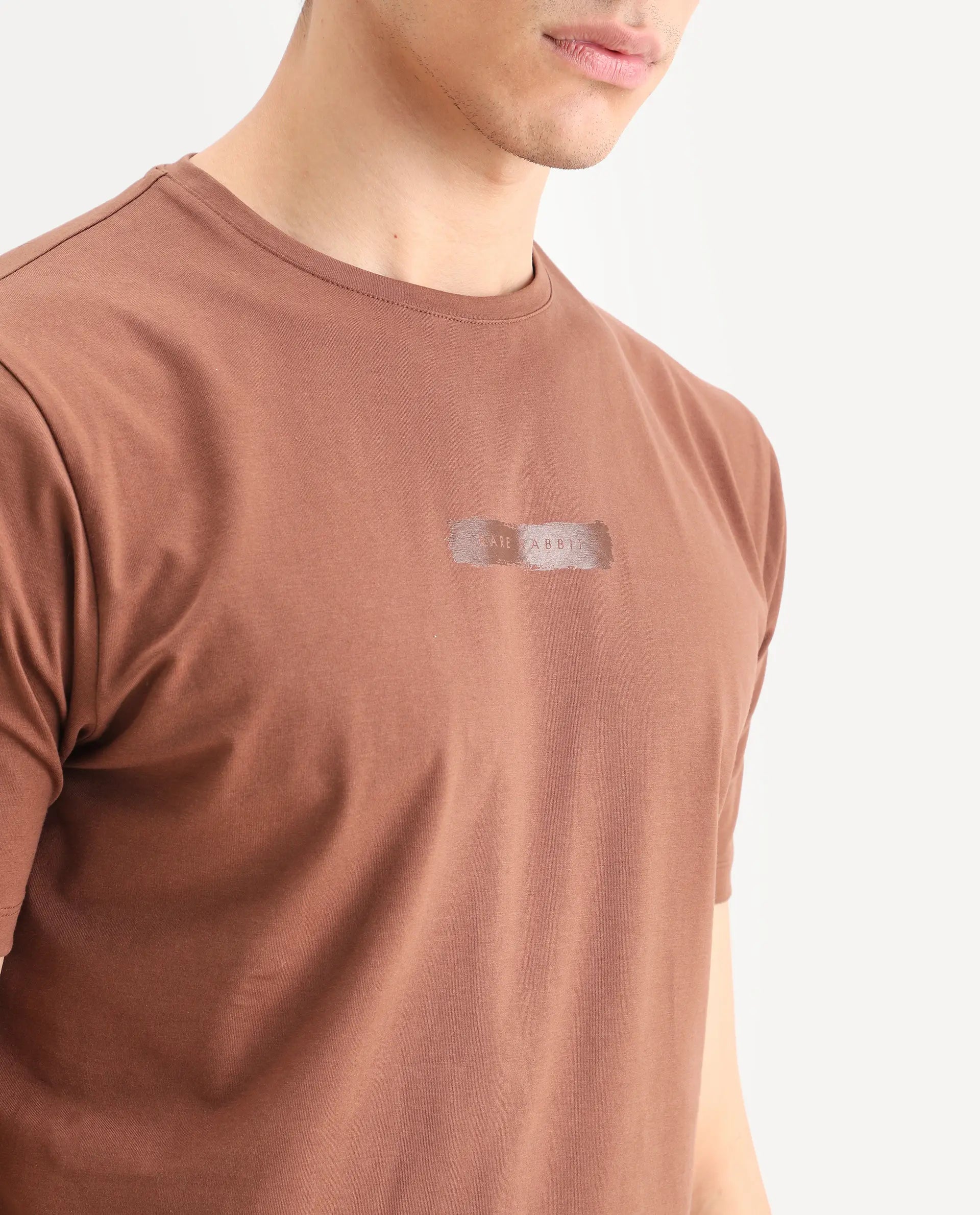 Rare Rabbit Men's Spur Pastel Brown Cotton Blend Fabric Half Sleeve Crew Neck Regular Fit Graphic Print T-Shirt