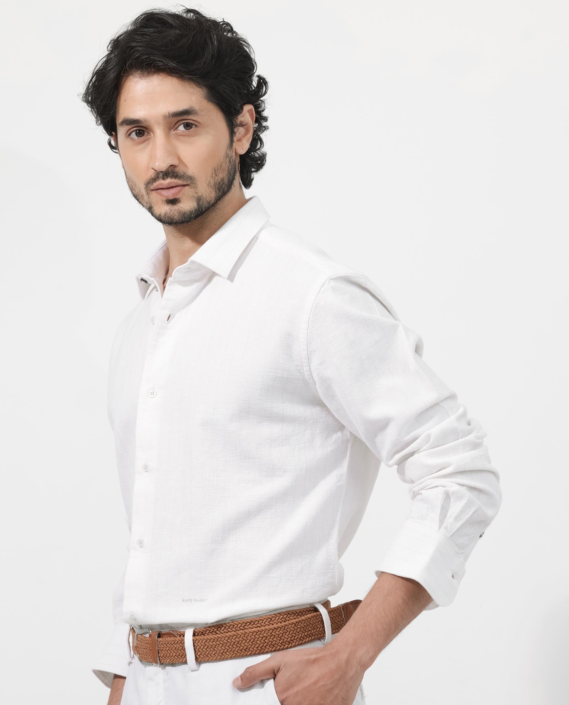 Rare Rabbit Mens Squa Off White Full Sleeves Cotton Fabric Sleeve Stripe Shirt