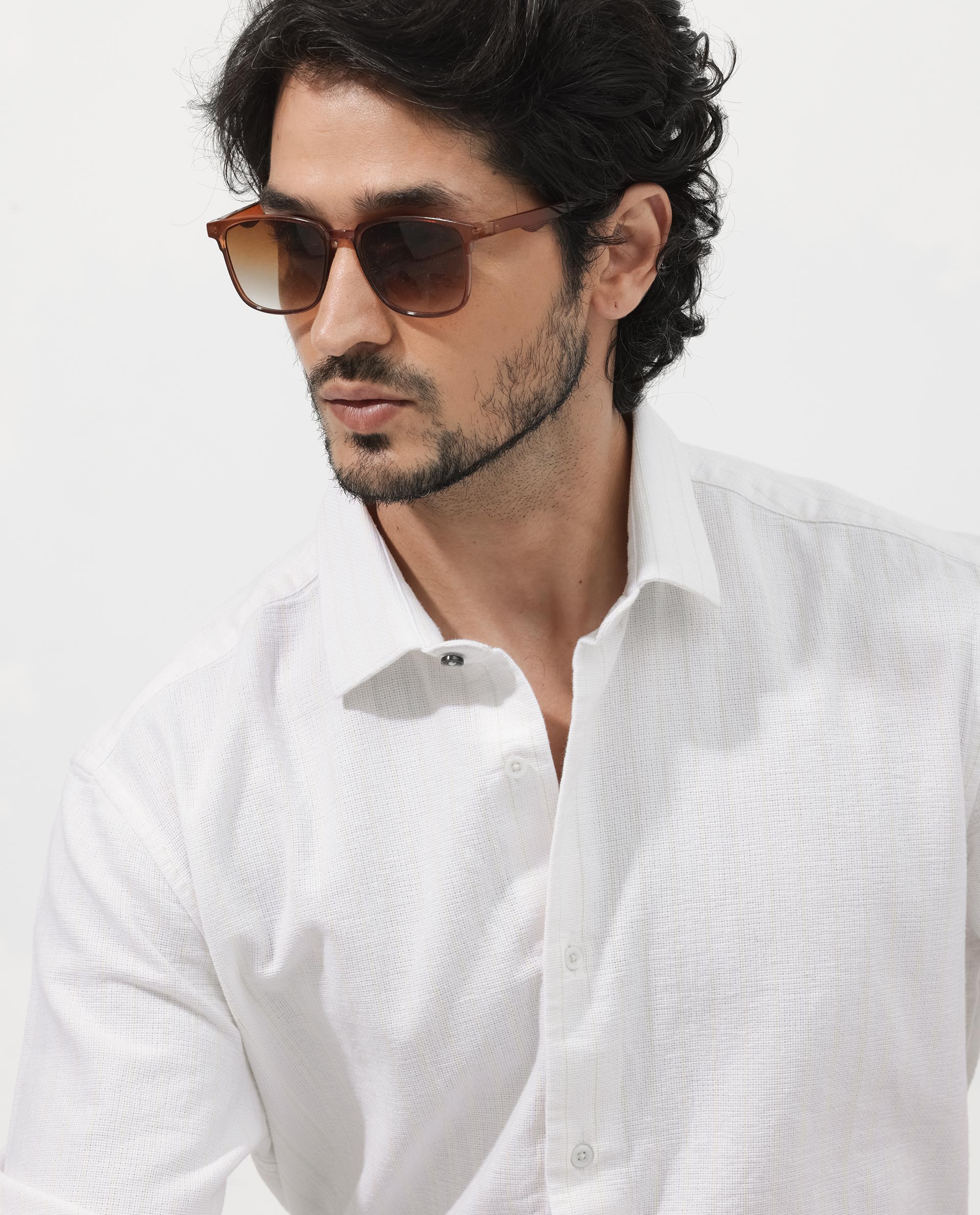 Rare Rabbit Mens Squa Off White Full Sleeves Cotton Fabric Sleeve Stripe Shirt