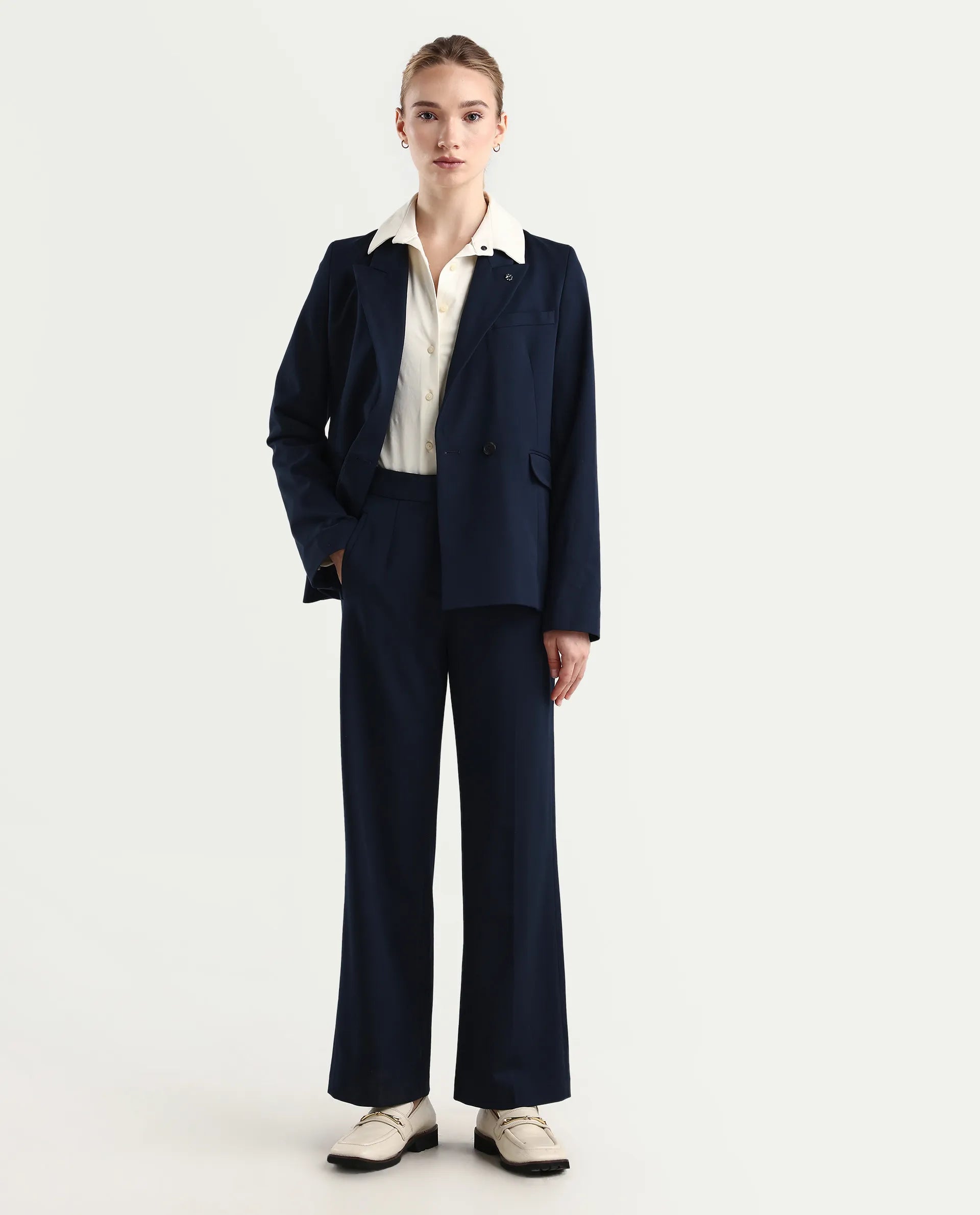 Rareism Women's Srait Navy Polyester Blend Straight Fit Travel Trouser