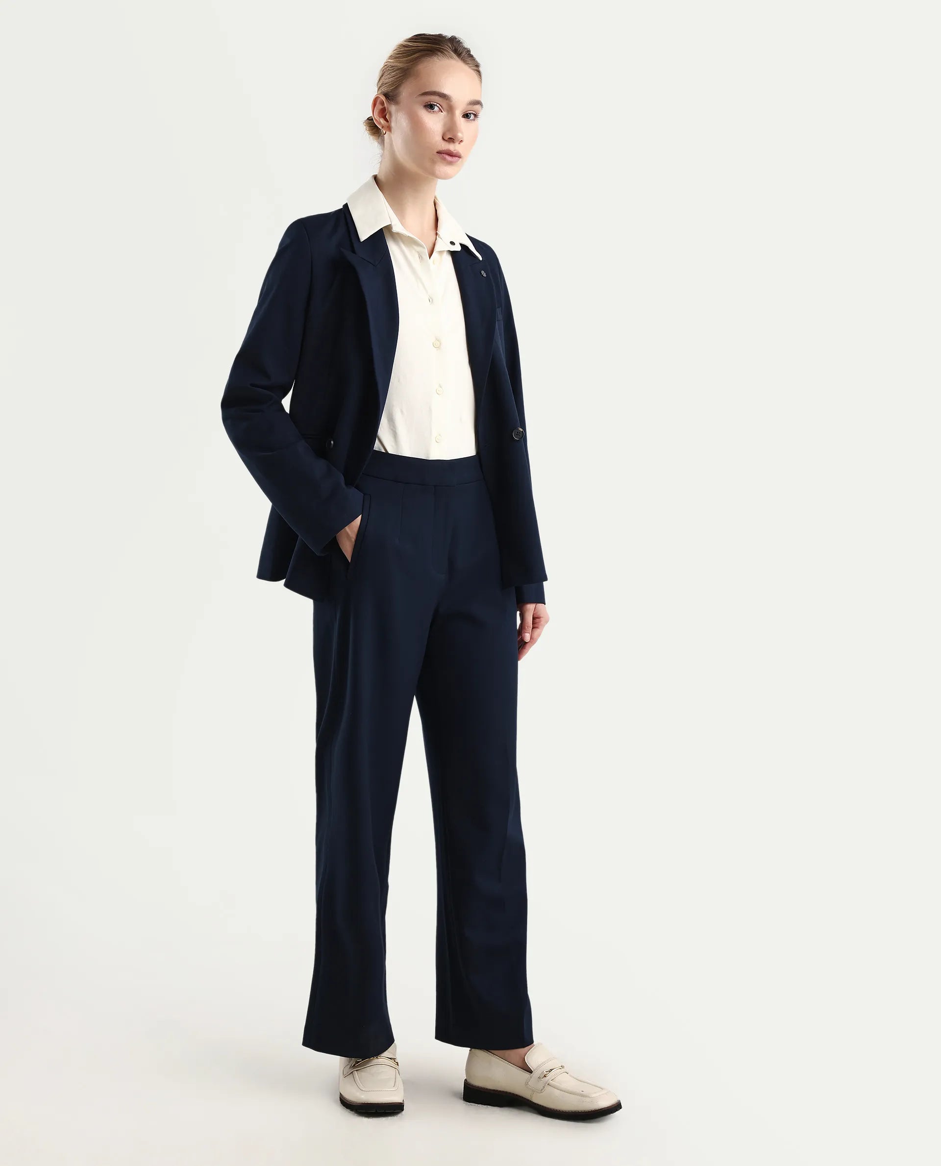 Rareism Women's Srait Navy Polyester Blend Straight Fit Travel Trouser