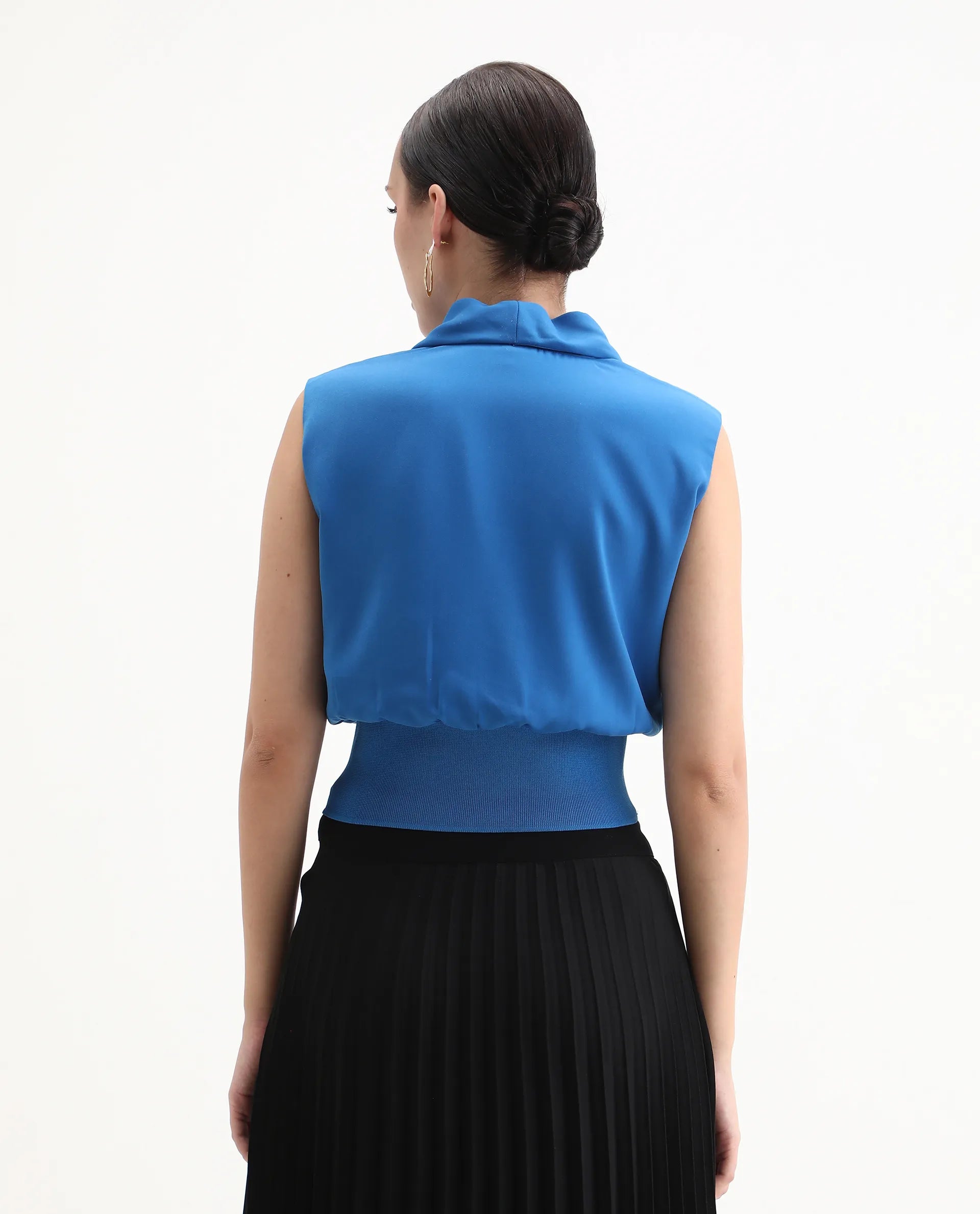 Rareism Women's Srat Blue Polyester Shawl Collar Plain Sleeveless Regular Fit Top