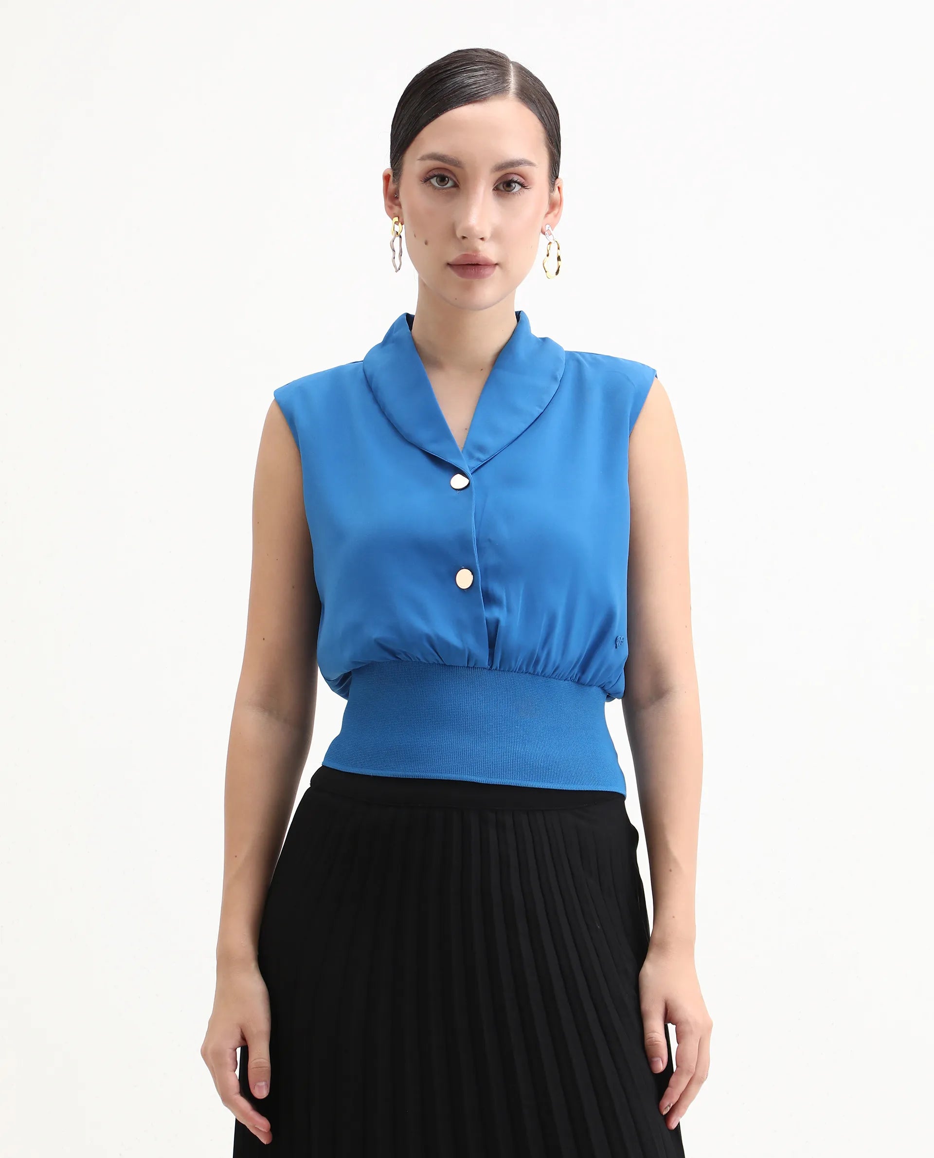 Rareism Women's Srat Blue Polyester Shawl Collar Plain Sleeveless Regular Fit Top