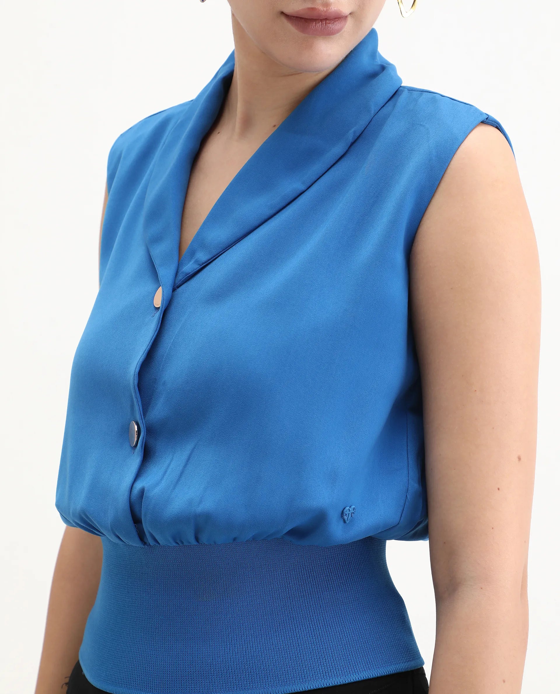 Rareism Women's Srat Blue Polyester Shawl Collar Plain Sleeveless Regular Fit Top