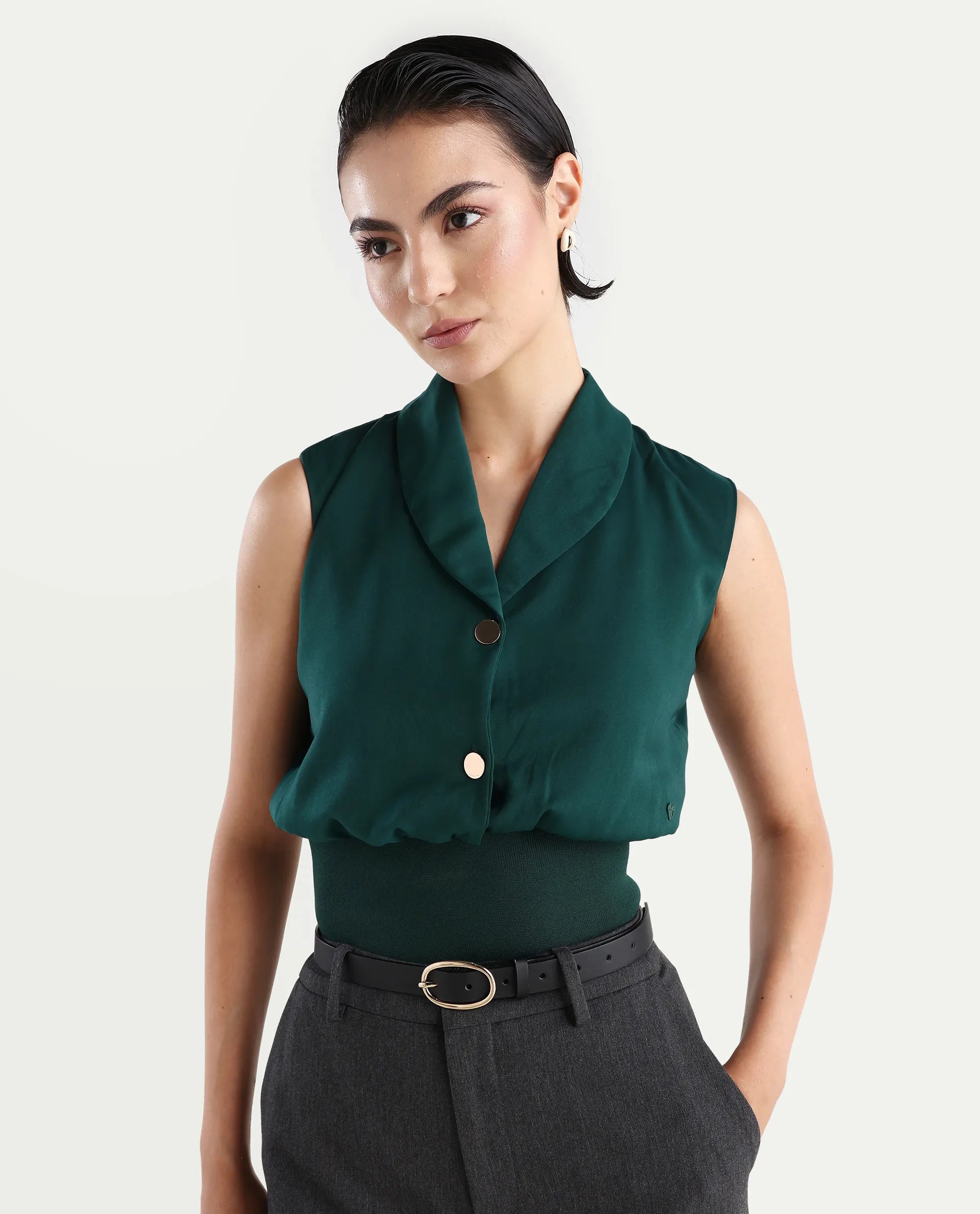 Rareism Women's Srat Green Satin Shawl Collar Plain Sleeveless Regular Fit Top