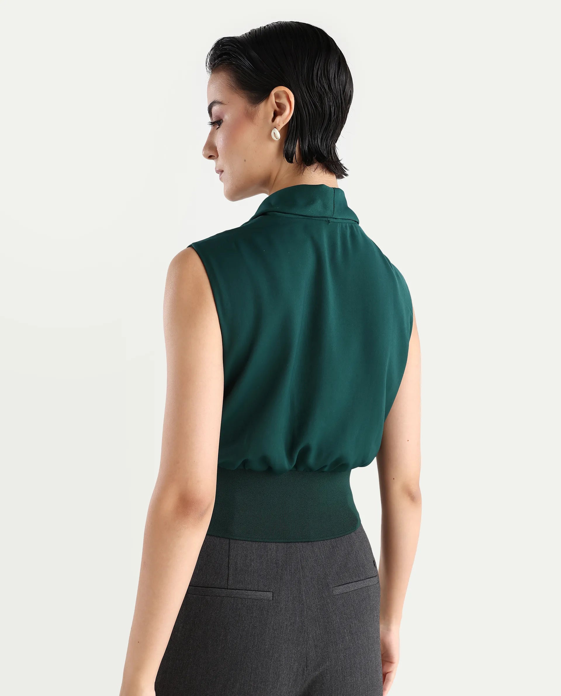 Rareism Women's Srat Green Satin Shawl Collar Plain Sleeveless Regular Fit Top