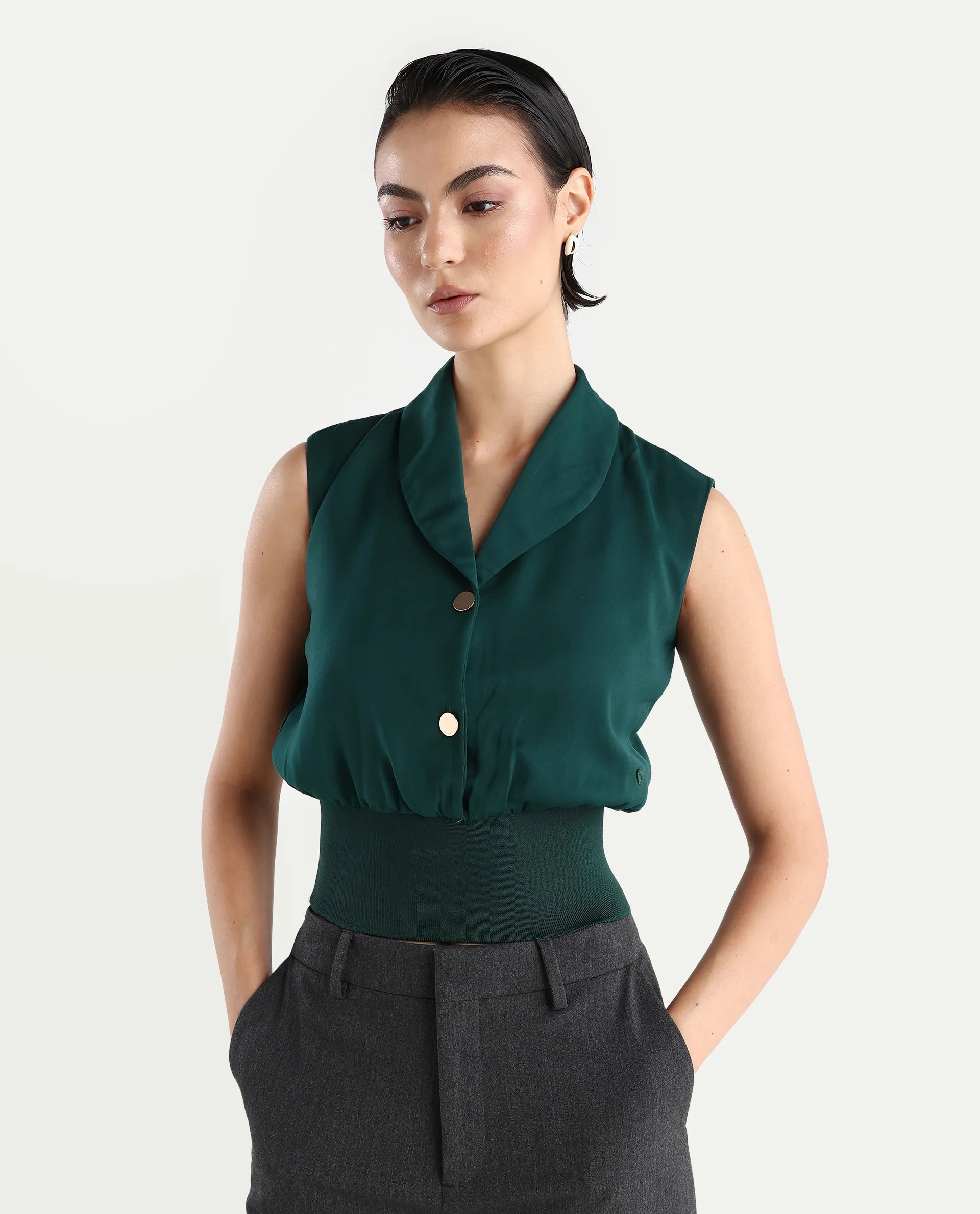Rareism Women's Srat Green Satin Shawl Collar Plain Sleeveless Regular Fit Top