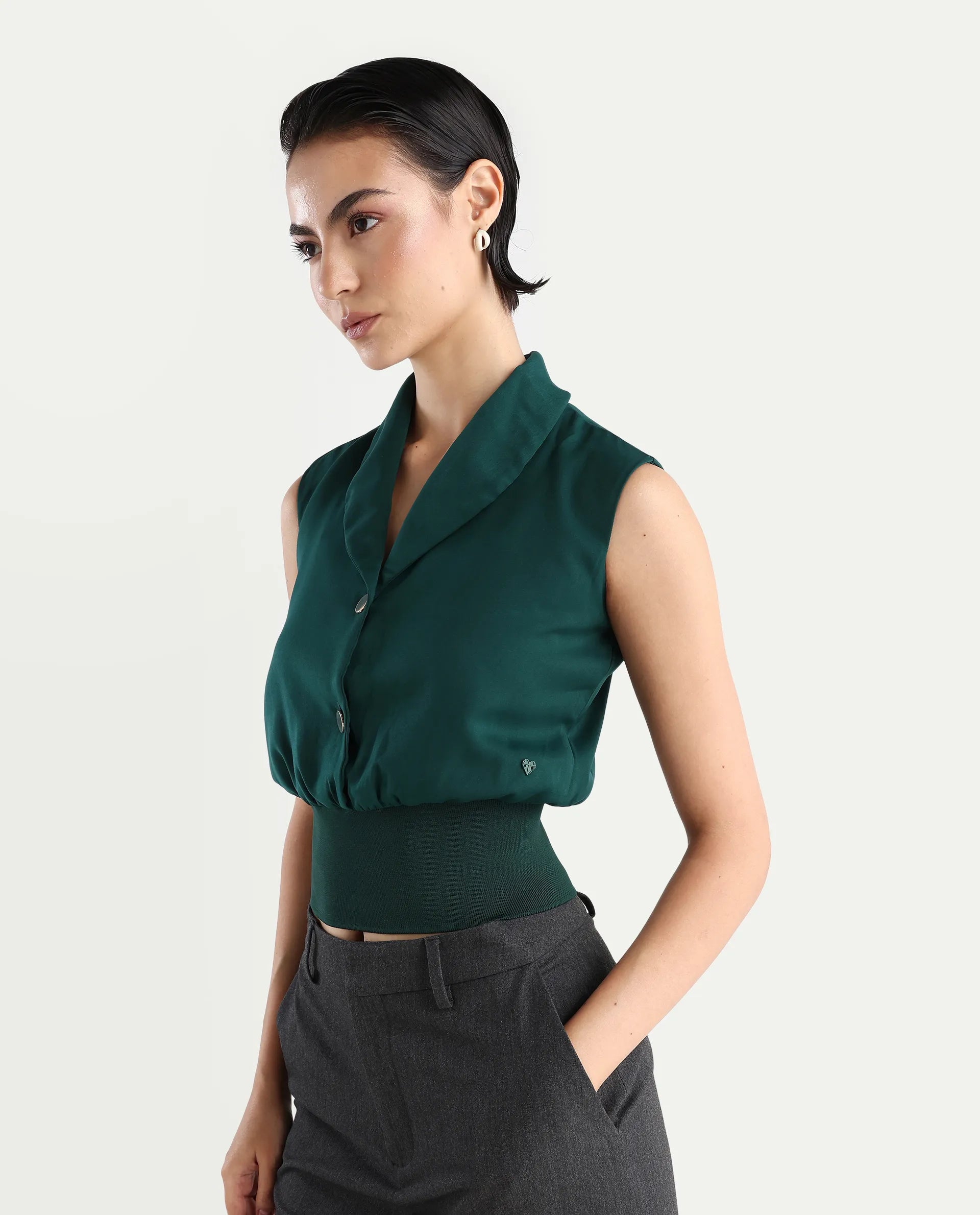 Rareism Women's Srat Green Satin Shawl Collar Plain Sleeveless Regular Fit Top