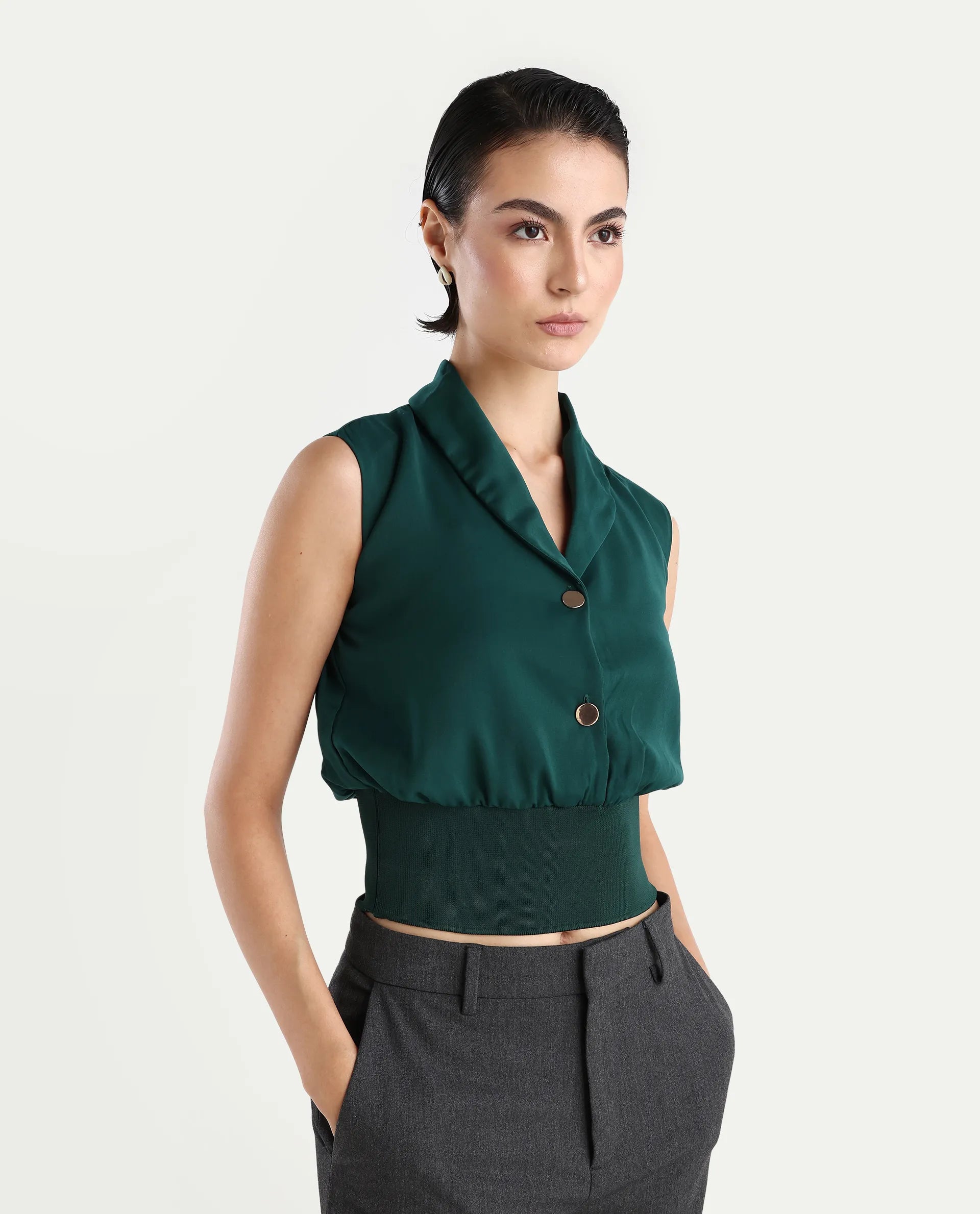 Rareism Women's Srat Green Satin Shawl Collar Plain Sleeveless Regular Fit Top