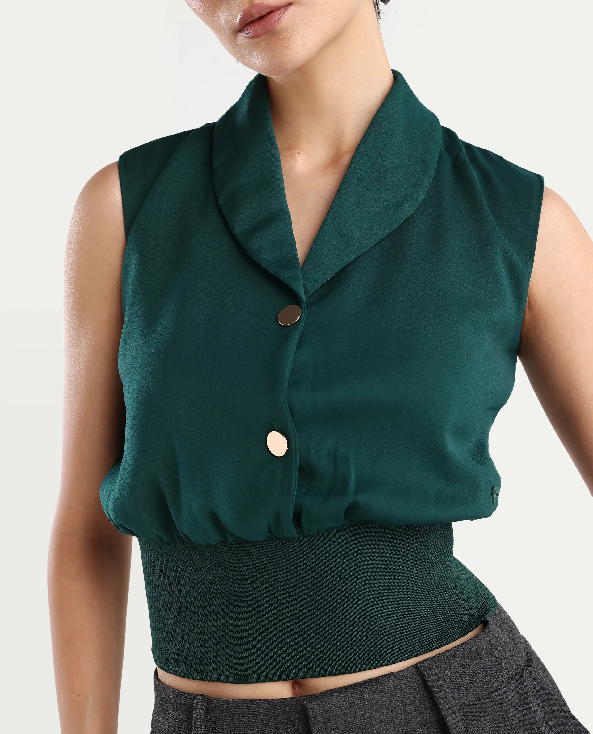 Rareism Women's Srat Green Satin Shawl Collar Plain Sleeveless Regular Fit Top