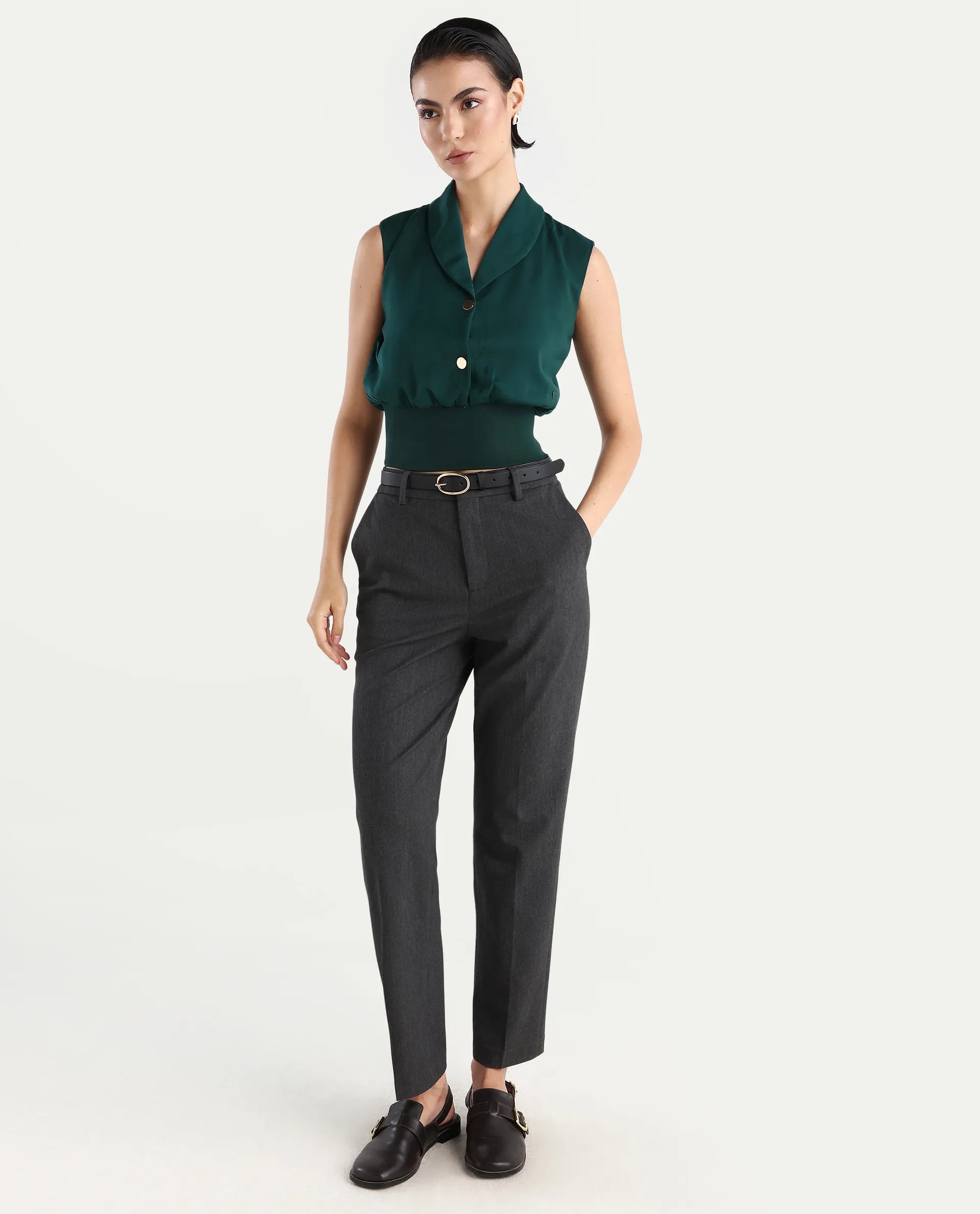 Rareism Women's Srat Green Satin Shawl Collar Plain Sleeveless Regular Fit Top