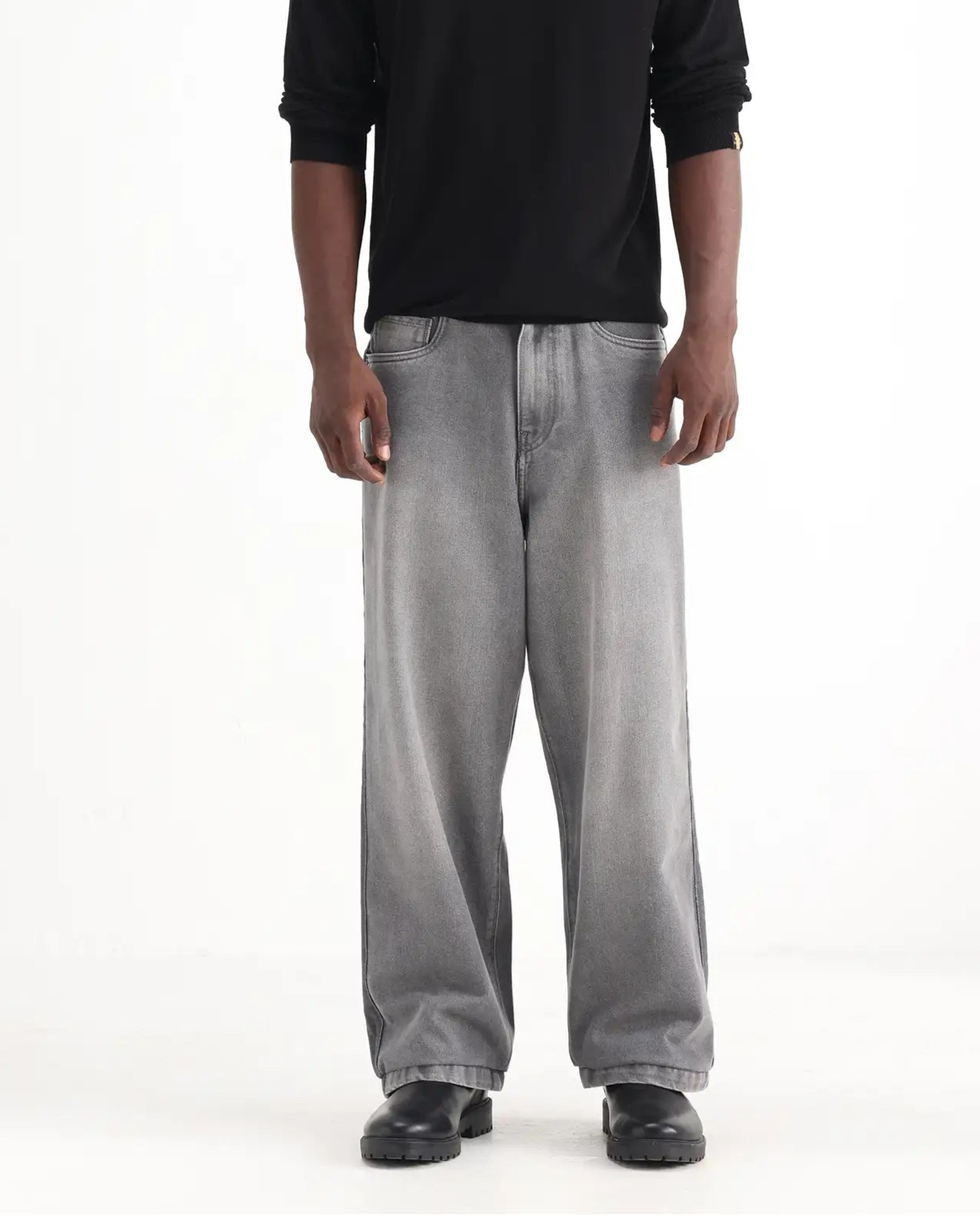 Rare Rabbit Men's Srito Grey Cotton Plain Baggy Fit Jeans