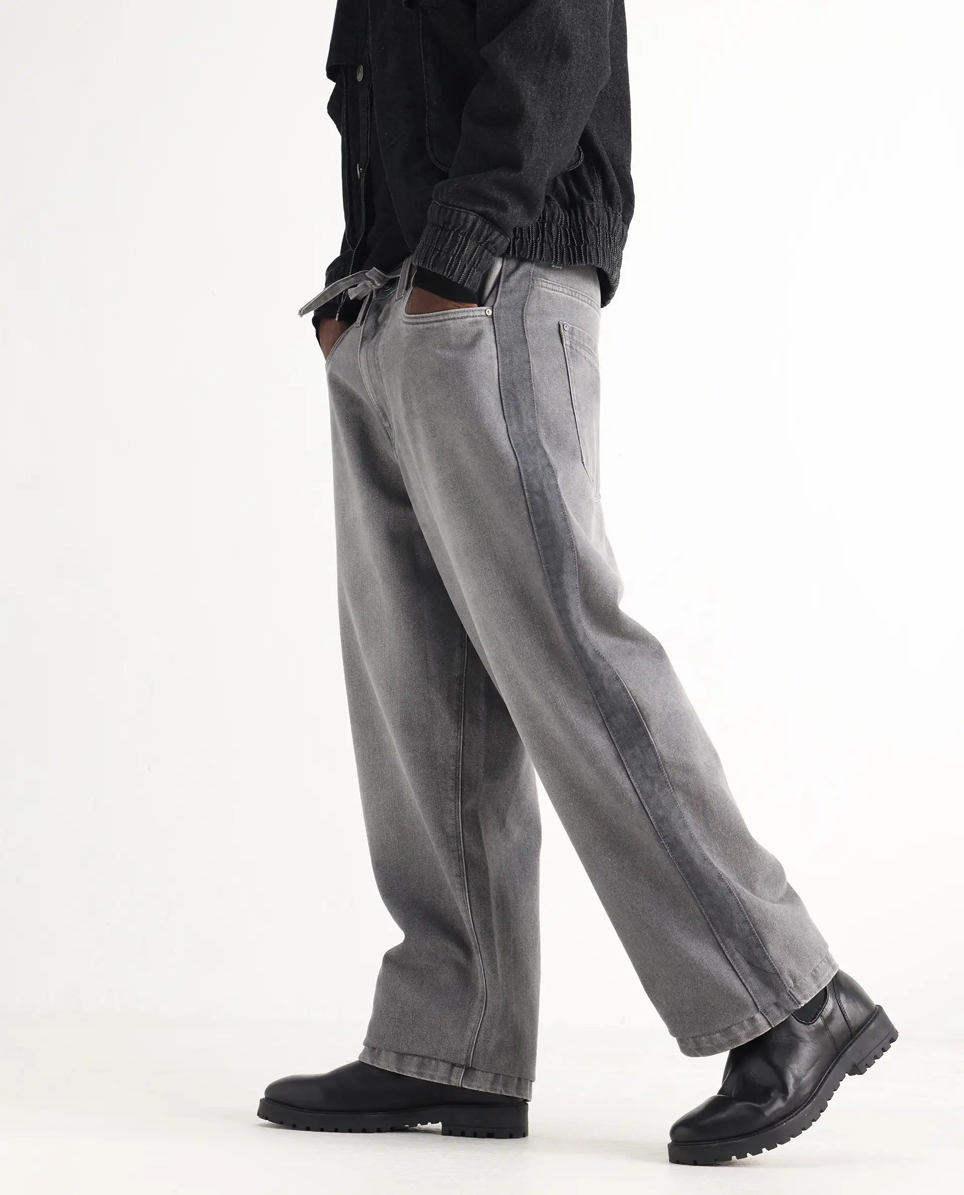 Rare Rabbit Men's Srito Grey Cotton Plain Baggy Fit Jeans