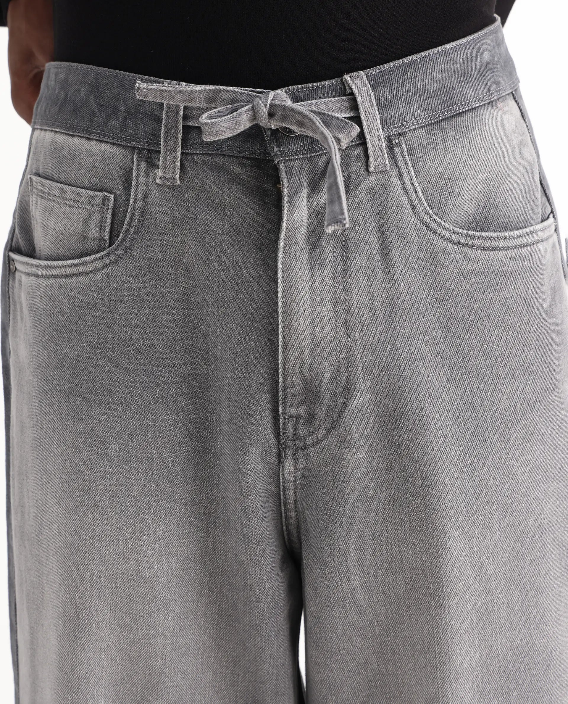 Rare Rabbit Men's Srito Grey Cotton Plain Baggy Fit Jeans