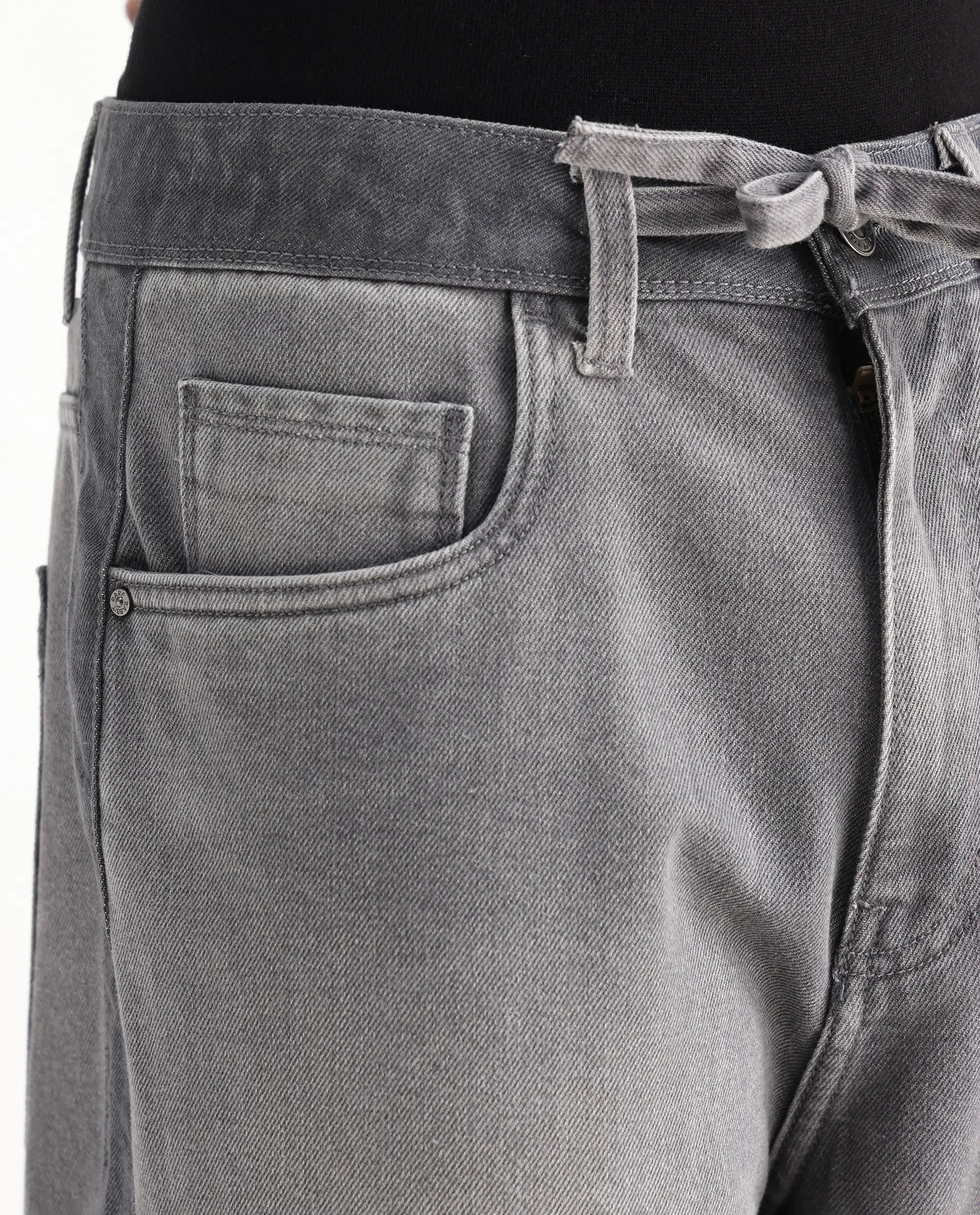Rare Rabbit Men's Srito Grey Cotton Plain Baggy Fit Jeans