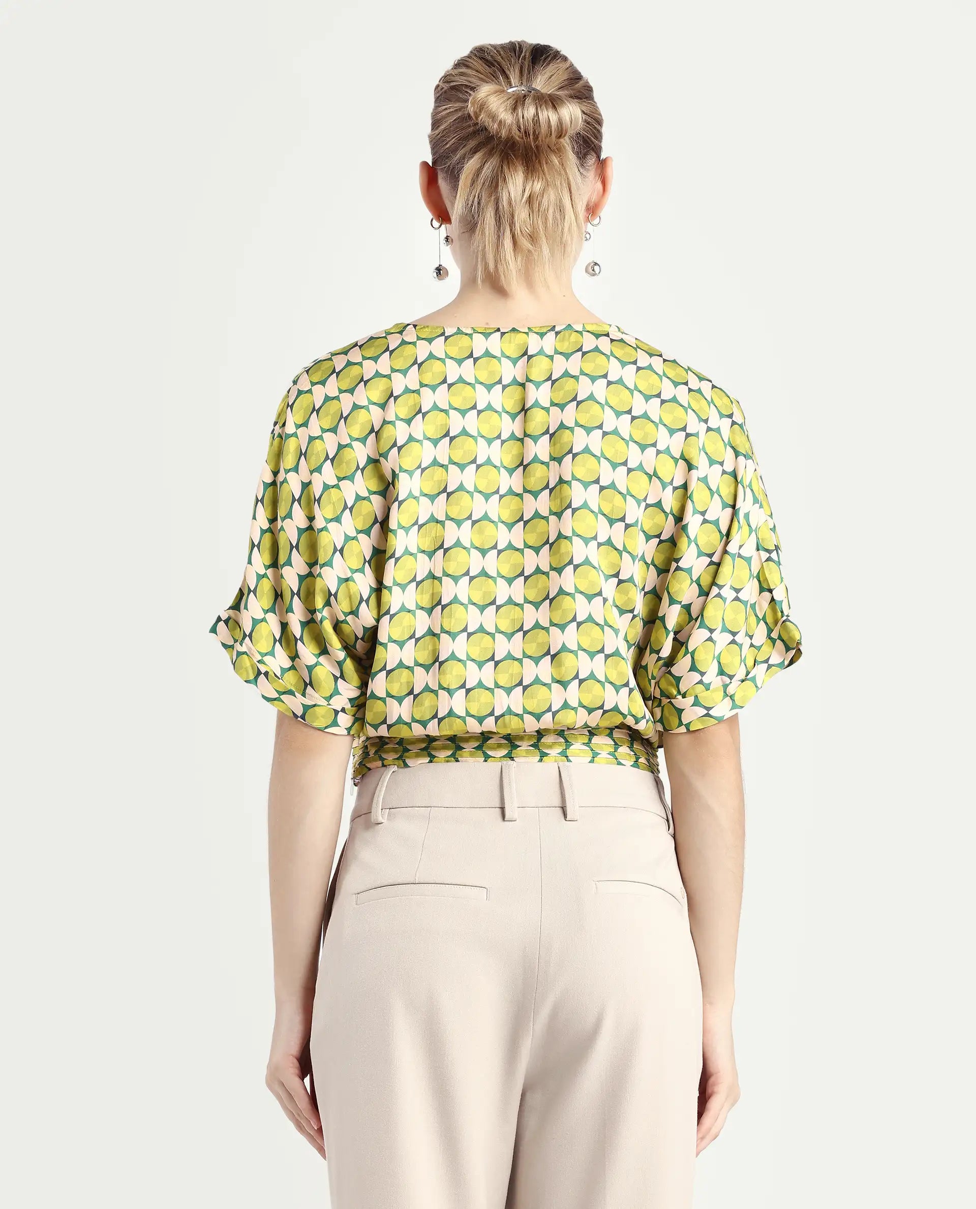 Rareism Women's Stabia Green Cotton Blend Overlap Neck Geometric Print Extended Sleeves Crop Regular Fit Top