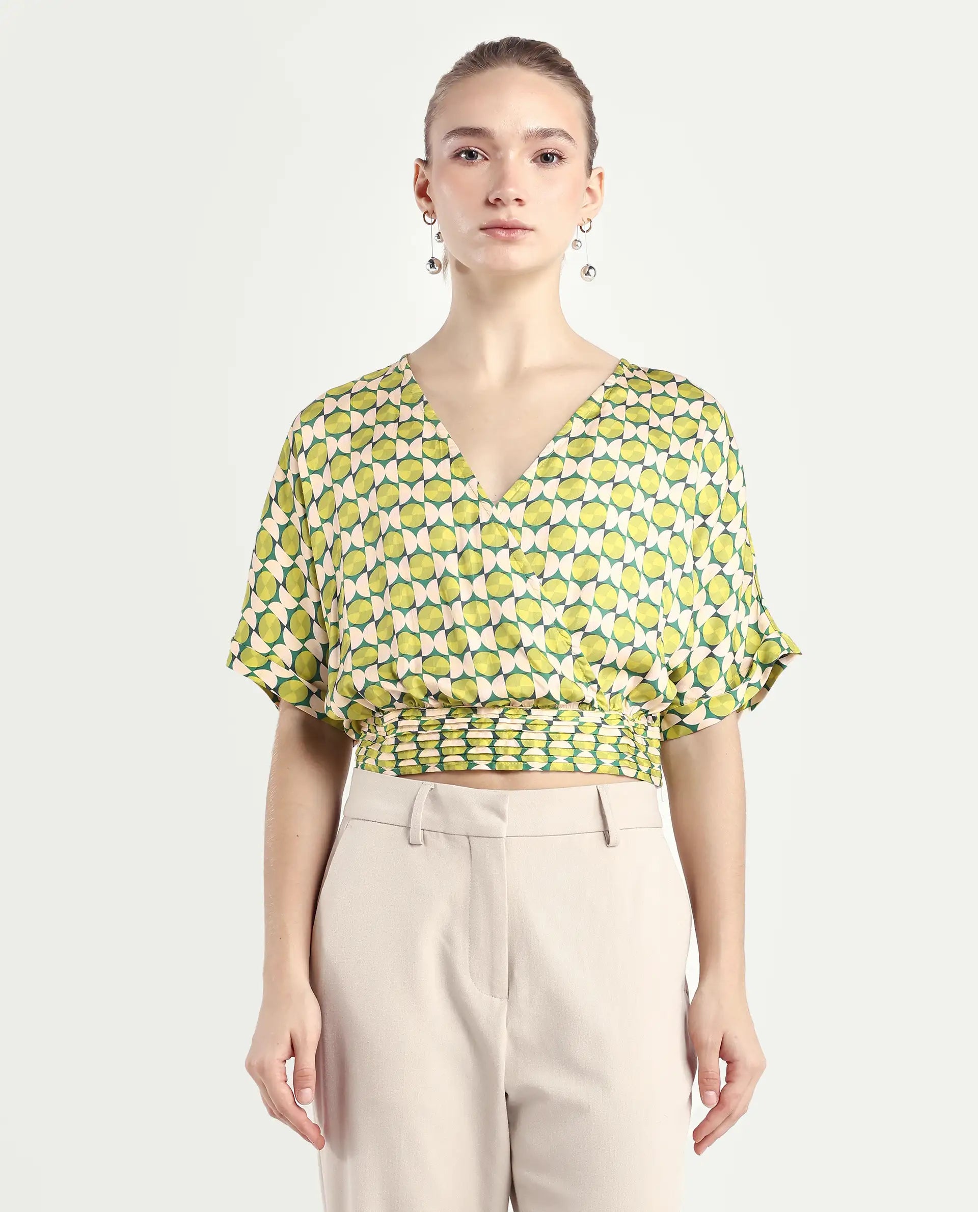 Rareism Women's Stabia Green Cotton Blend Overlap Neck Geometric Print Extended Sleeves Crop Regular Fit Top