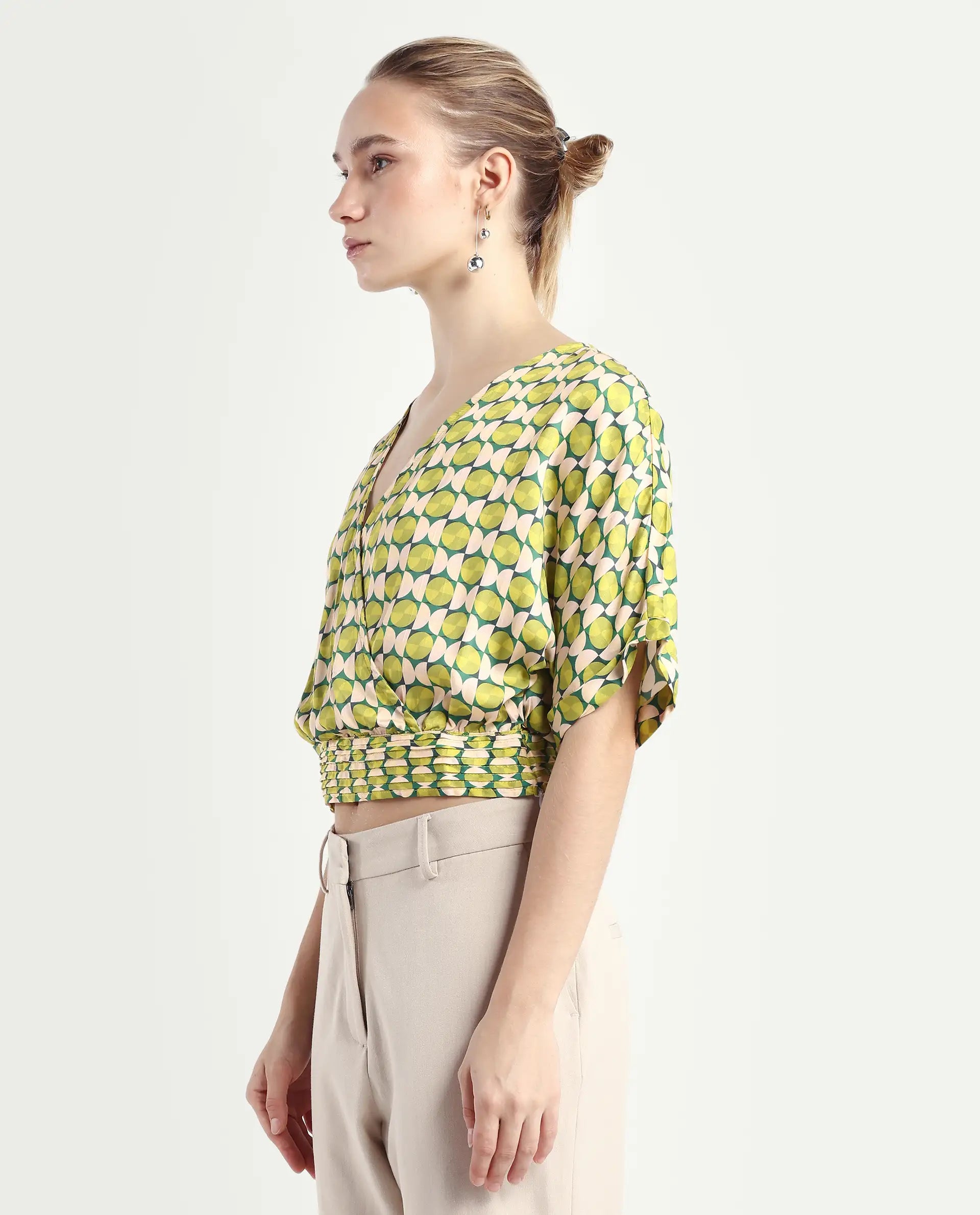 Rareism Women's Stabia Green Cotton Blend Overlap Neck Geometric Print Extended Sleeves Crop Regular Fit Top