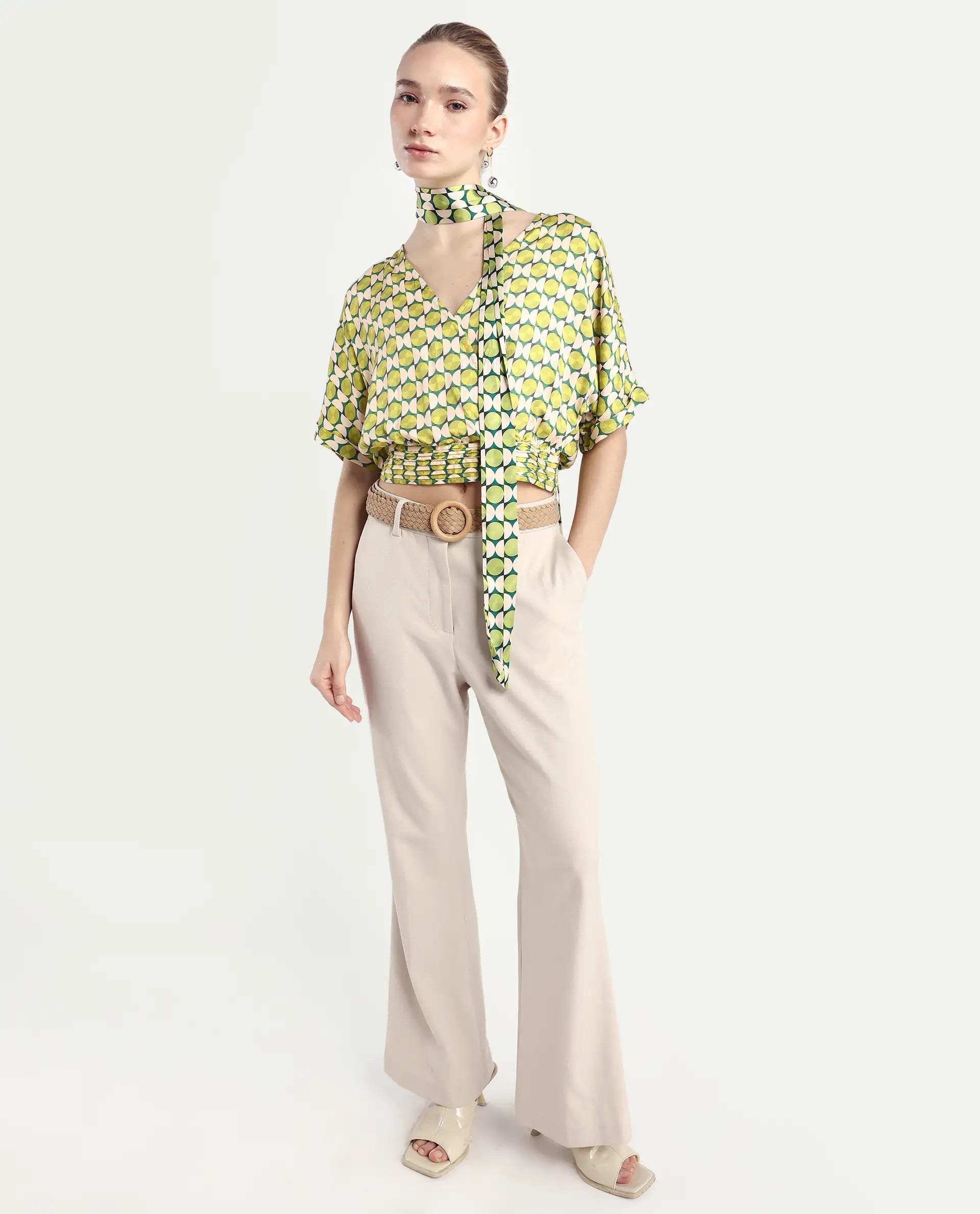 Rareism Women's Stabia Green Cotton Blend Overlap Neck Geometric Print Extended Sleeves Crop Regular Fit Top