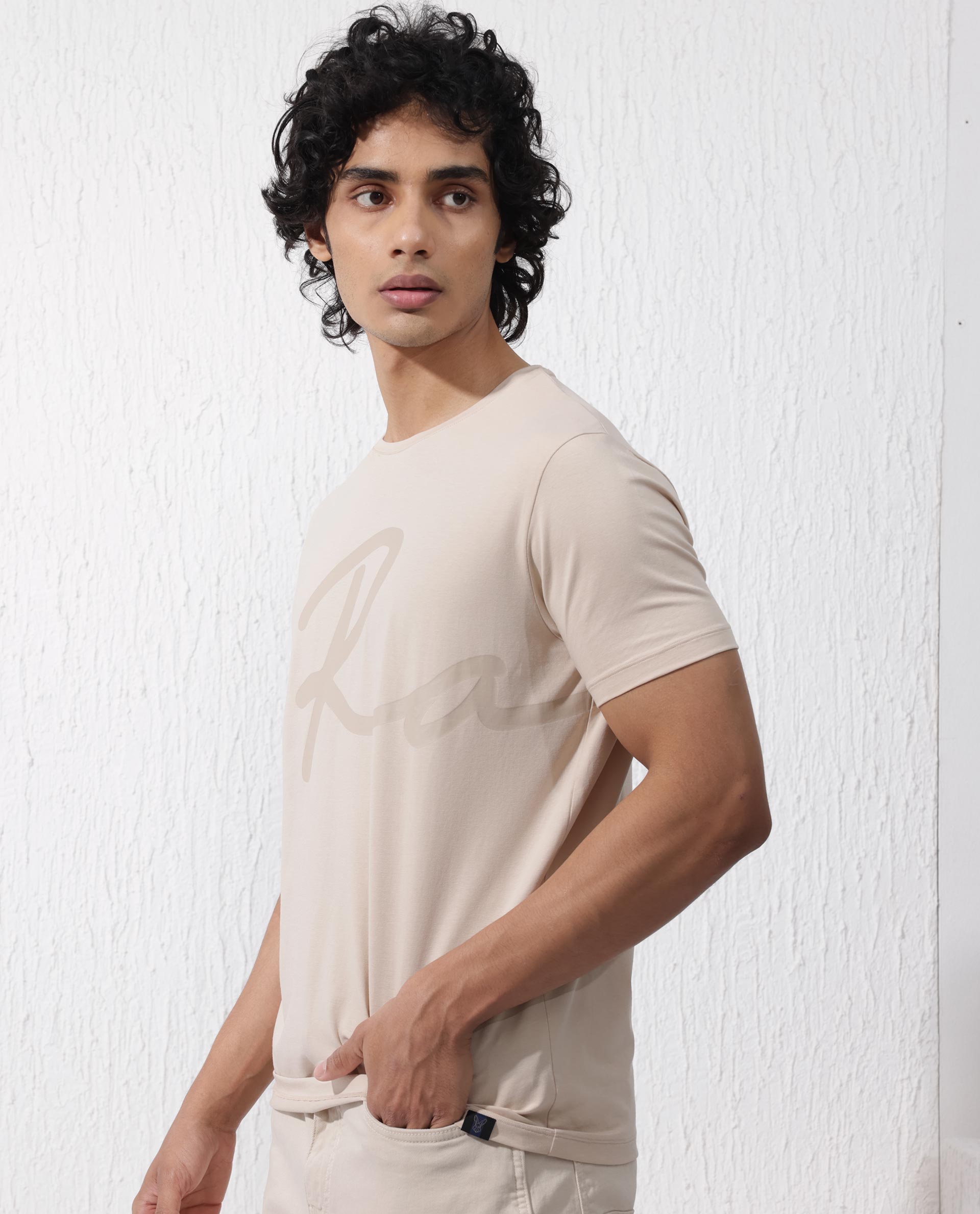 Rare Rabbit Men's Stamp-2 Beige Cotton Lycra Fabric Half Sleeves Graphic Signature Print T-Shirt