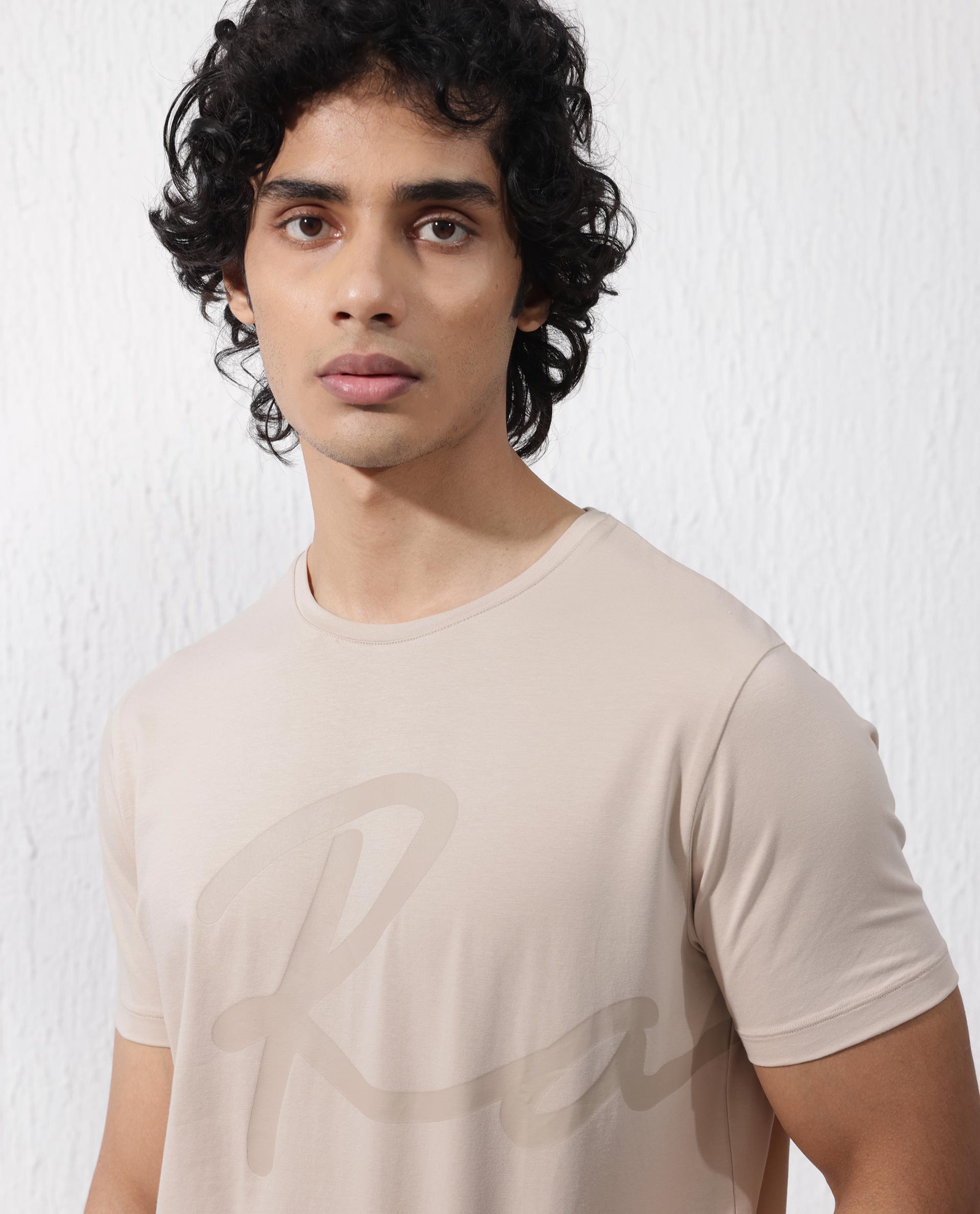 Rare Rabbit Men's Stamp-2 Beige Cotton Lycra Fabric Half Sleeves Graphic Signature Print T-Shirt