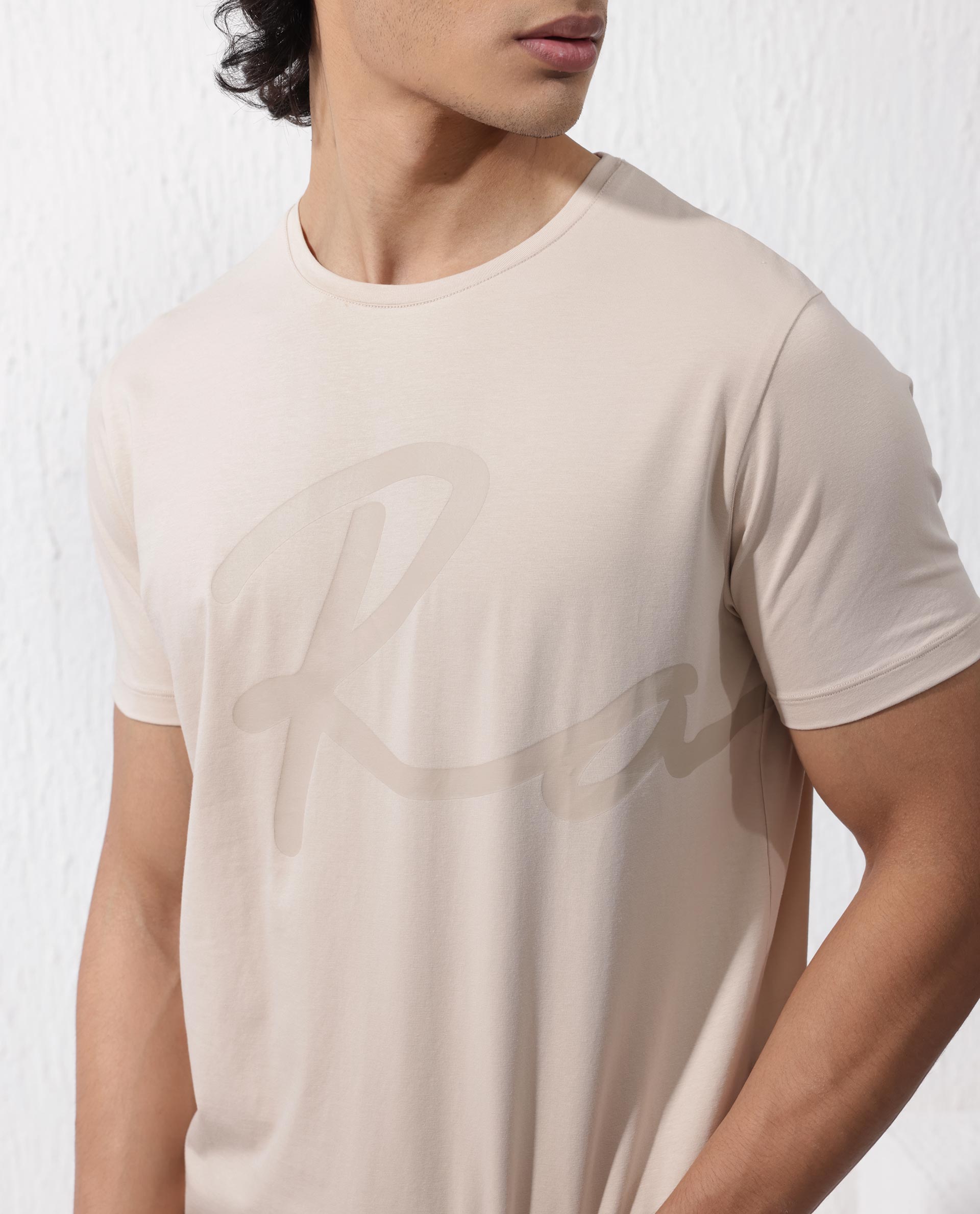 Rare Rabbit Men's Stamp-2 Beige Cotton Lycra Fabric Half Sleeves Graphic Signature Print T-Shirt