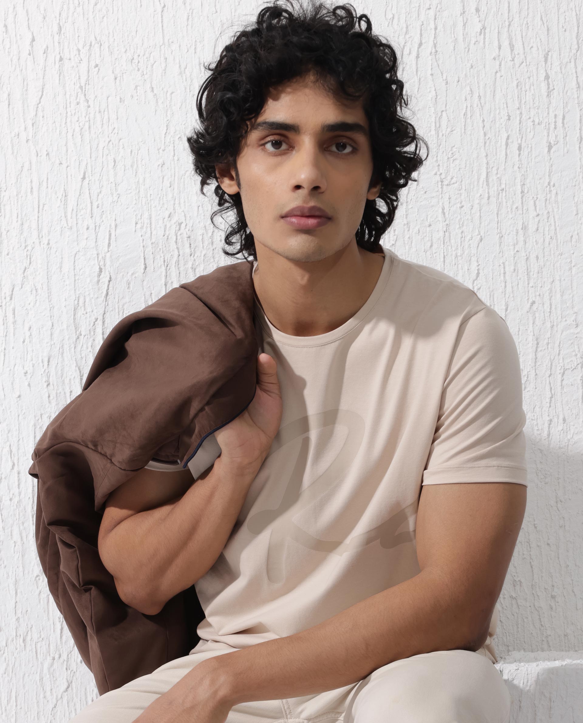 Rare Rabbit Men's Stamp-2 Beige Cotton Lycra Fabric Half Sleeves Graphic Signature Print T-Shirt