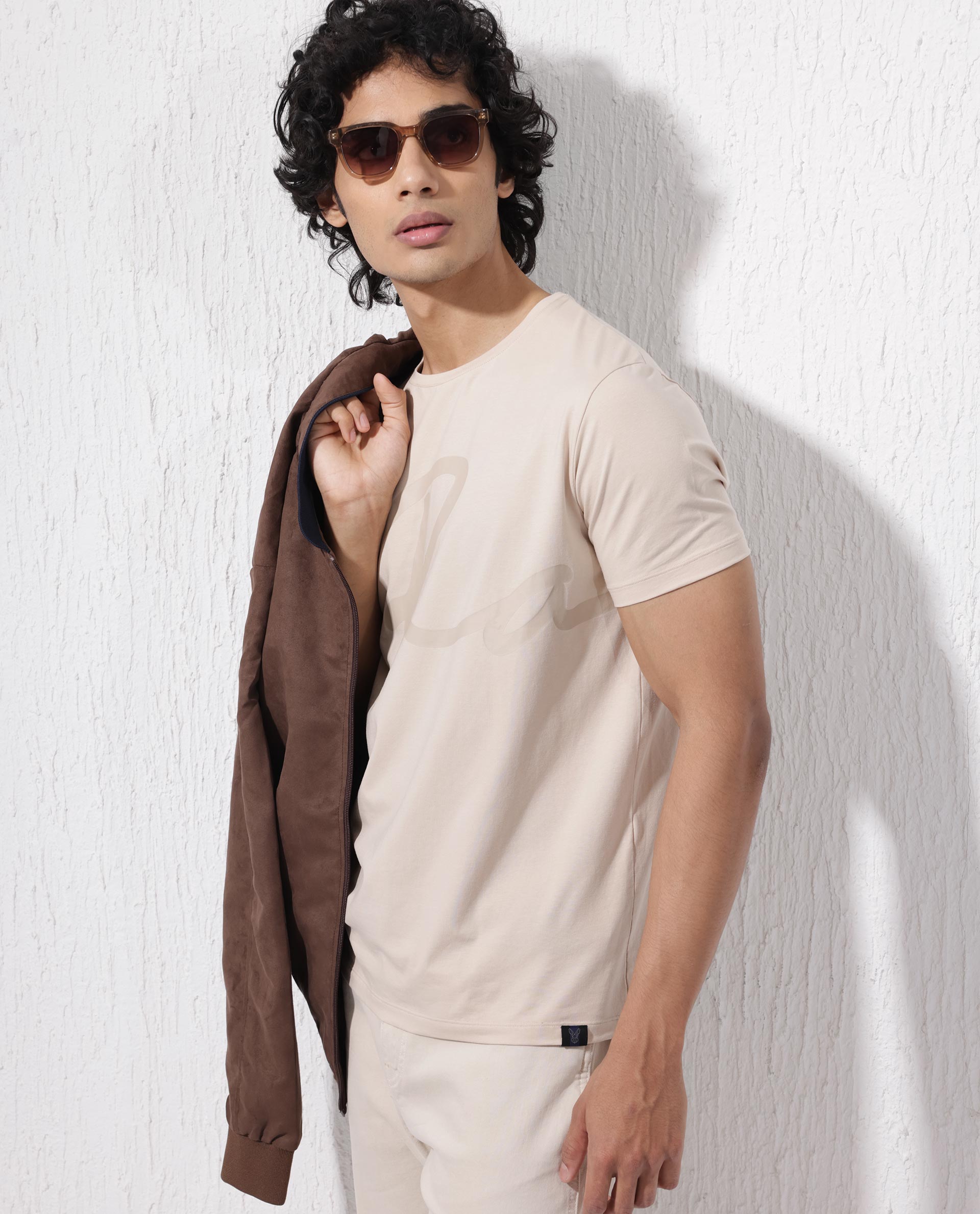 Rare Rabbit Men's Stamp-2 Beige Cotton Lycra Fabric Half Sleeves Graphic Signature Print T-Shirt