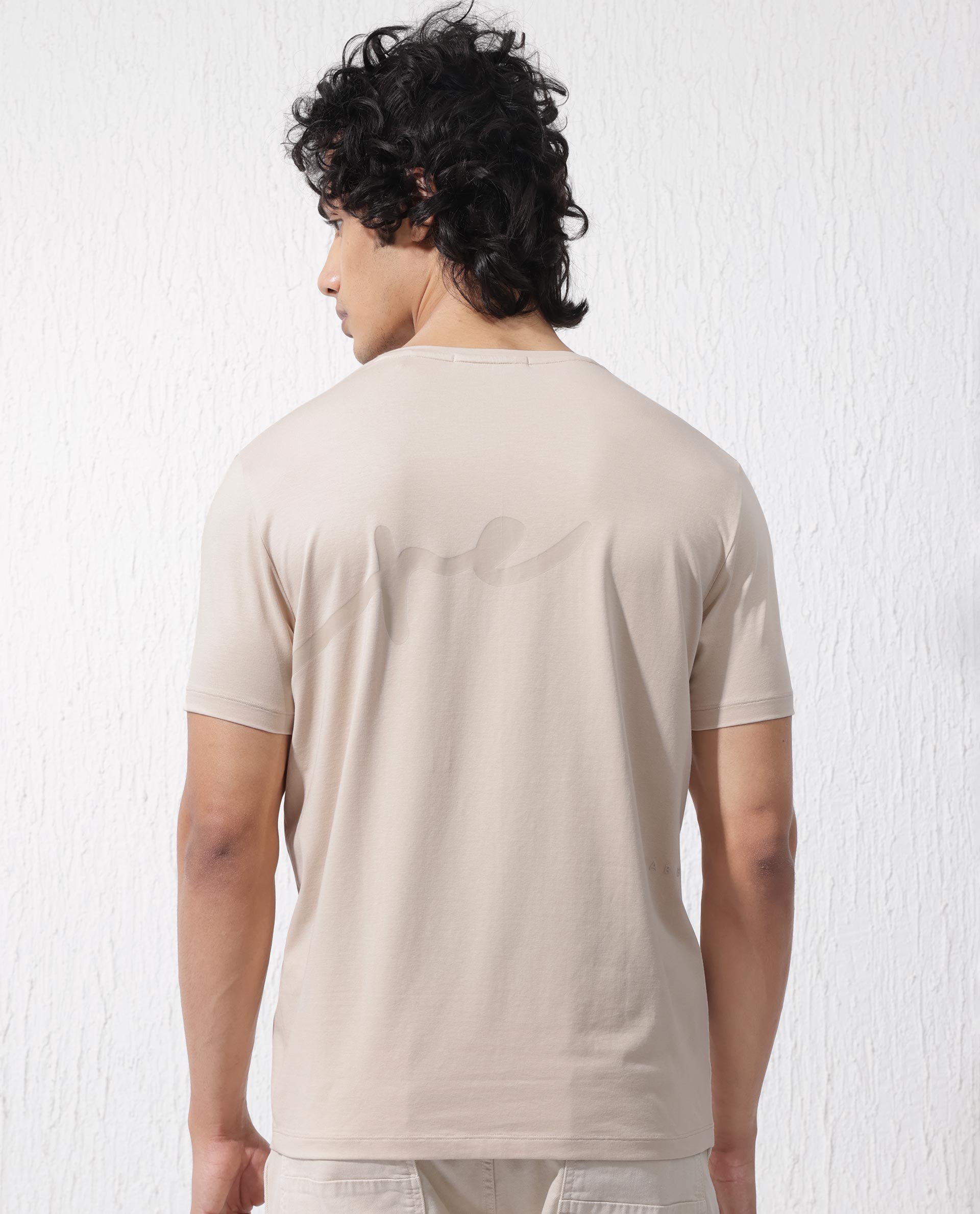 Rare Rabbit Men's Stamp-2 Beige Cotton Lycra Fabric Half Sleeves Graphic Signature Print T-Shirt