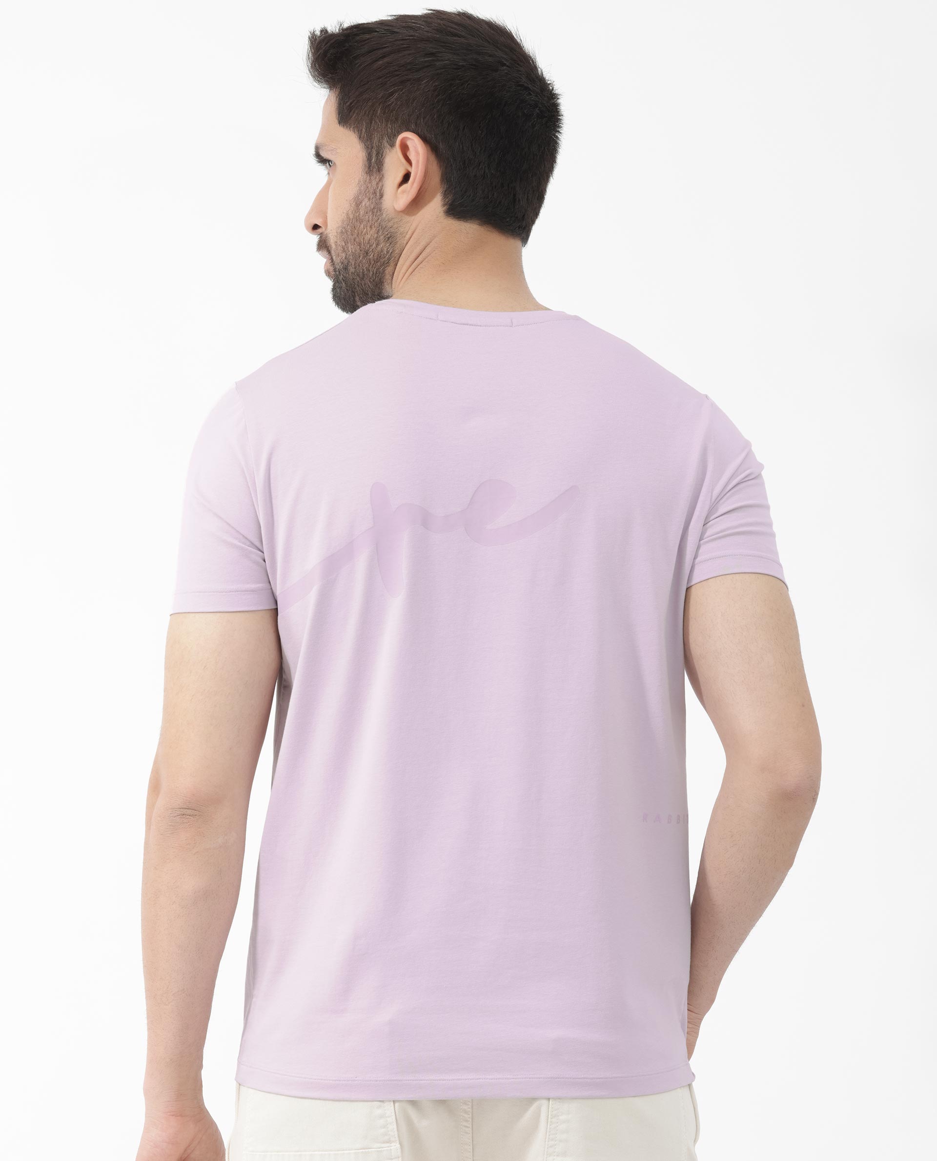 Rare Rabbit Mens Stamp-2 Dusky Pink Cotton Lycra Fabric Half Sleeves Graphic Signature Print T-Shirt
