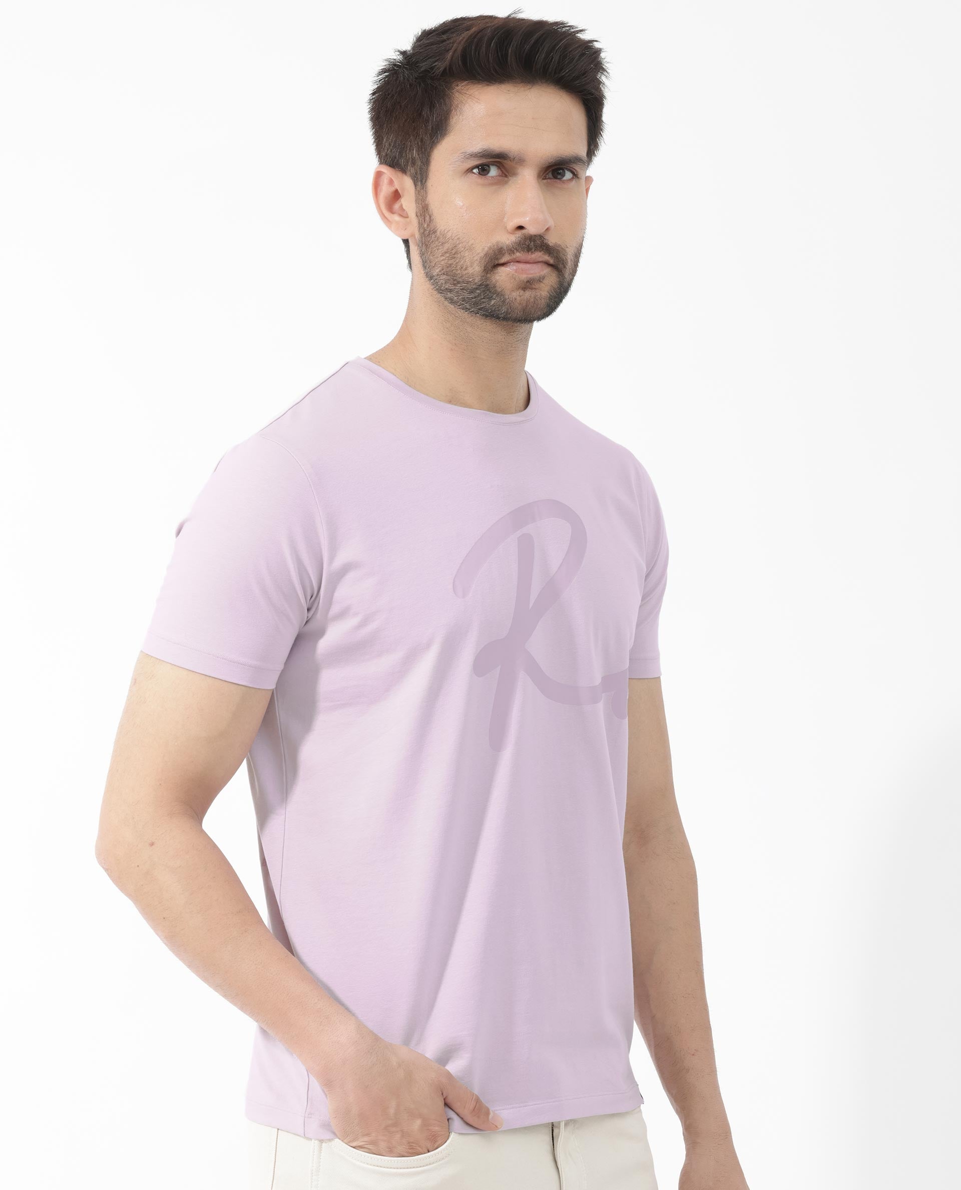 Rare Rabbit Mens Stamp-2 Dusky Pink Cotton Lycra Fabric Half Sleeves Graphic Signature Print T-Shirt