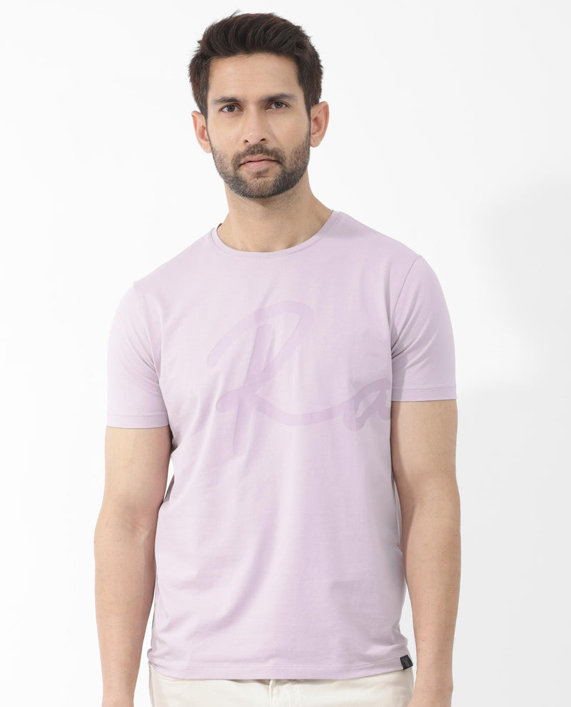 Rare Rabbit Mens Stamp-2 Dusky Pink Cotton Lycra Fabric Half Sleeves Graphic Signature Print T-Shirt