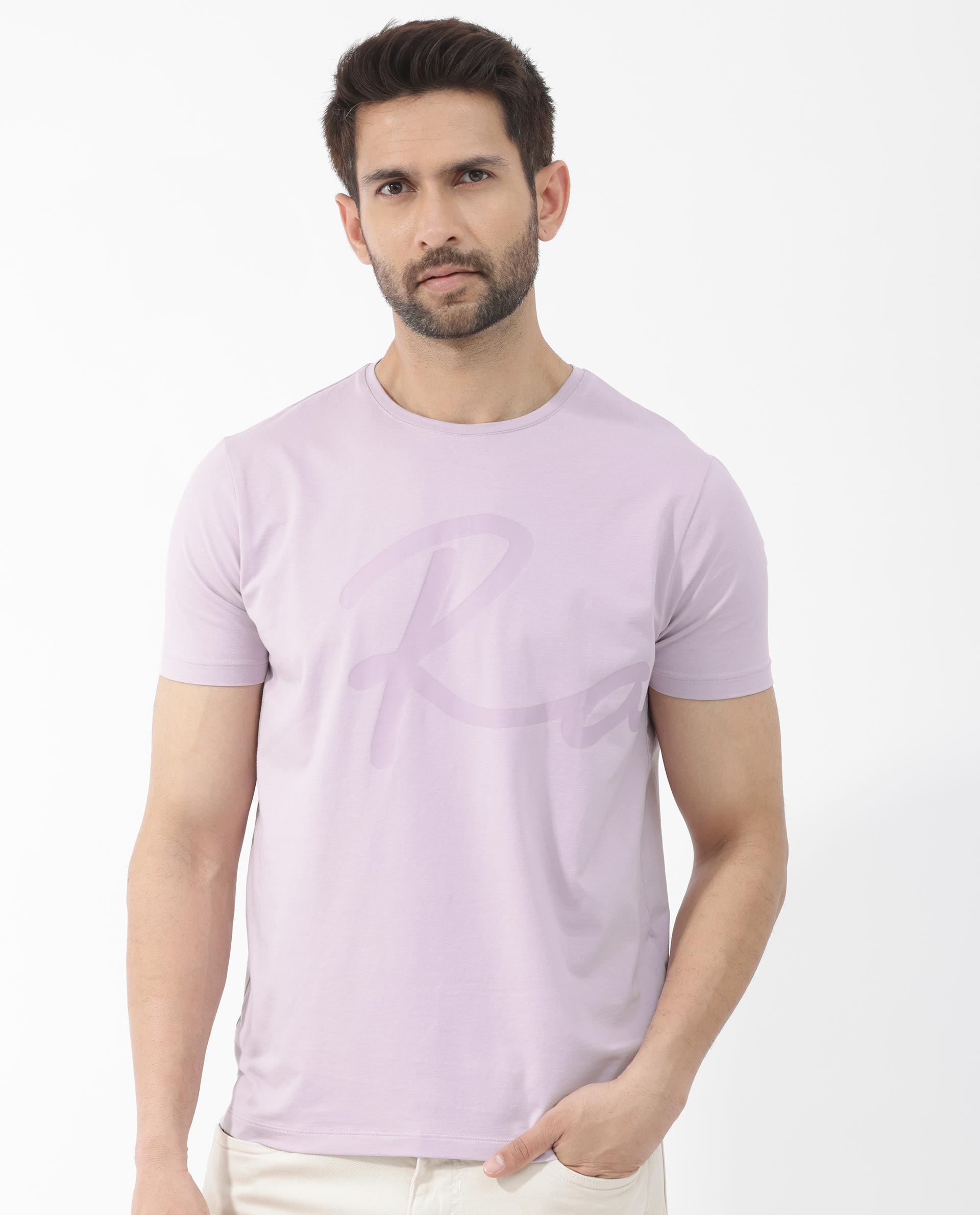 Rare Rabbit Mens Stamp-2 Dusky Pink Cotton Lycra Fabric Half Sleeves Graphic Signature Print T-Shirt