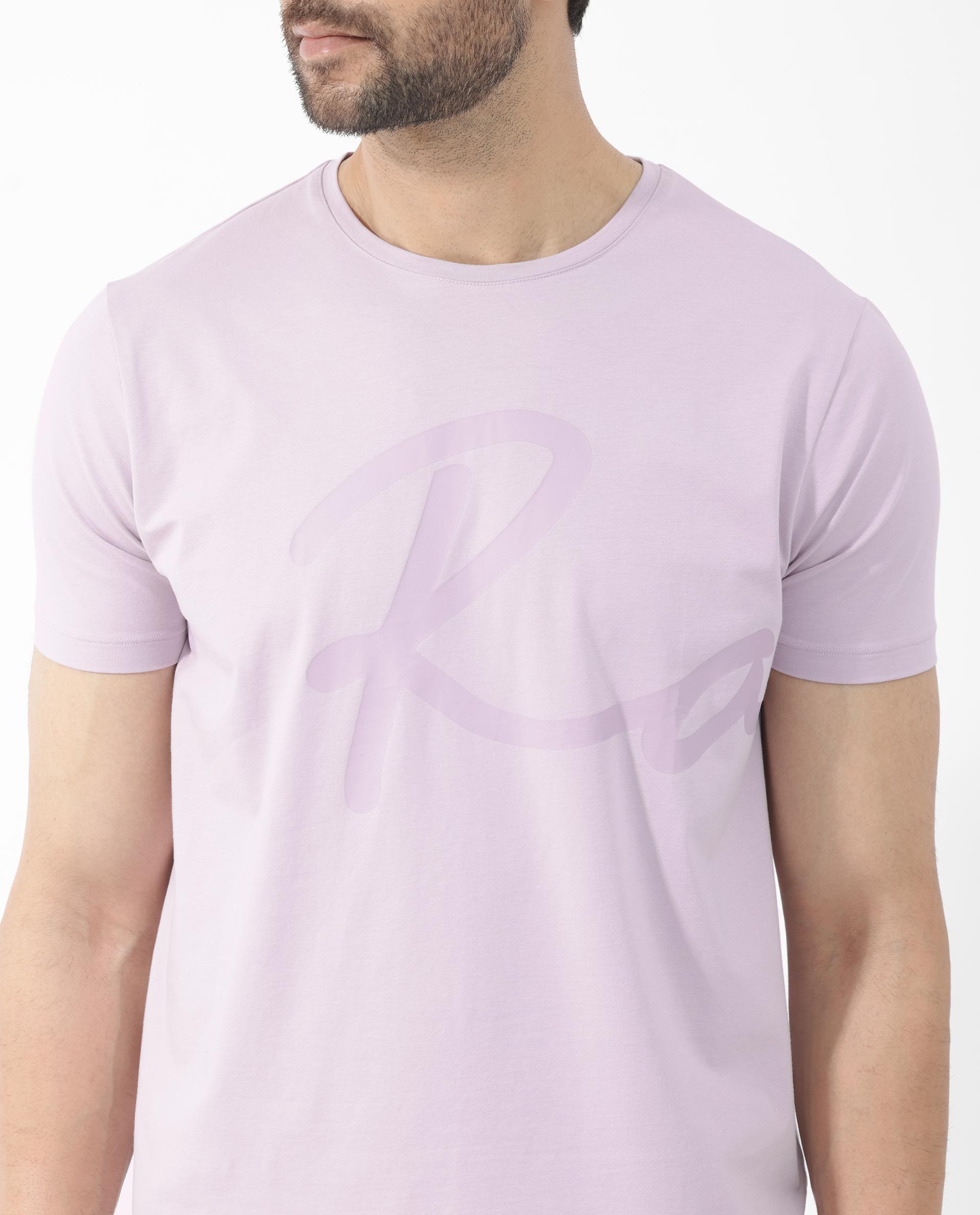 Rare Rabbit Mens Stamp-2 Dusky Pink Cotton Lycra Fabric Half Sleeves Graphic Signature Print T-Shirt