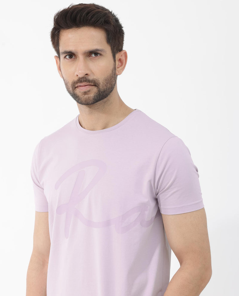 Rare Rabbit Mens Stamp-2 Dusky Pink Cotton Lycra Fabric Half Sleeves Graphic Signature Print T-Shirt