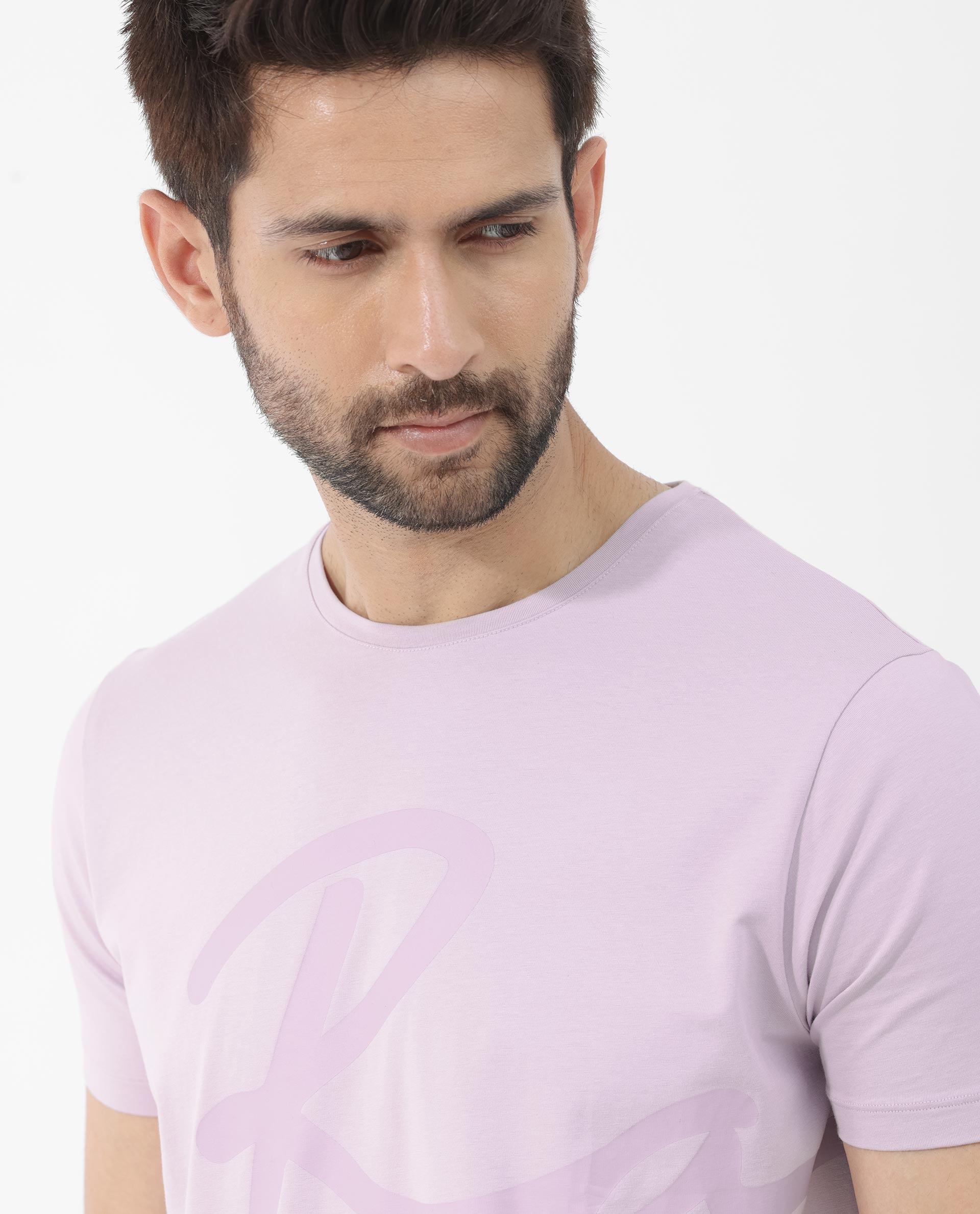 Rare Rabbit Mens Stamp-2 Dusky Pink Cotton Lycra Fabric Half Sleeves Graphic Signature Print T-Shirt