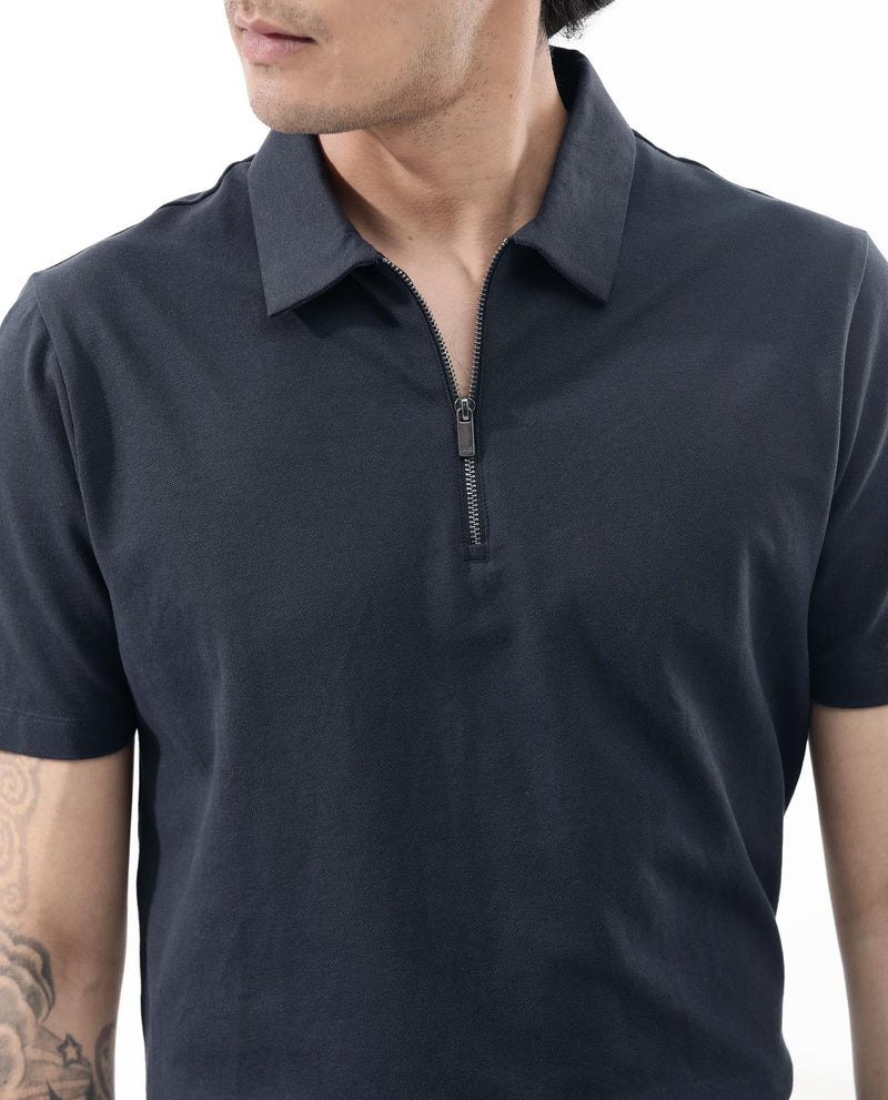 Rare Rabbit Mens Stan-2 Dusky Navy Cotton Lycra Fabric Short Sleeve Zipper Closure Solid Polo T-Shirt