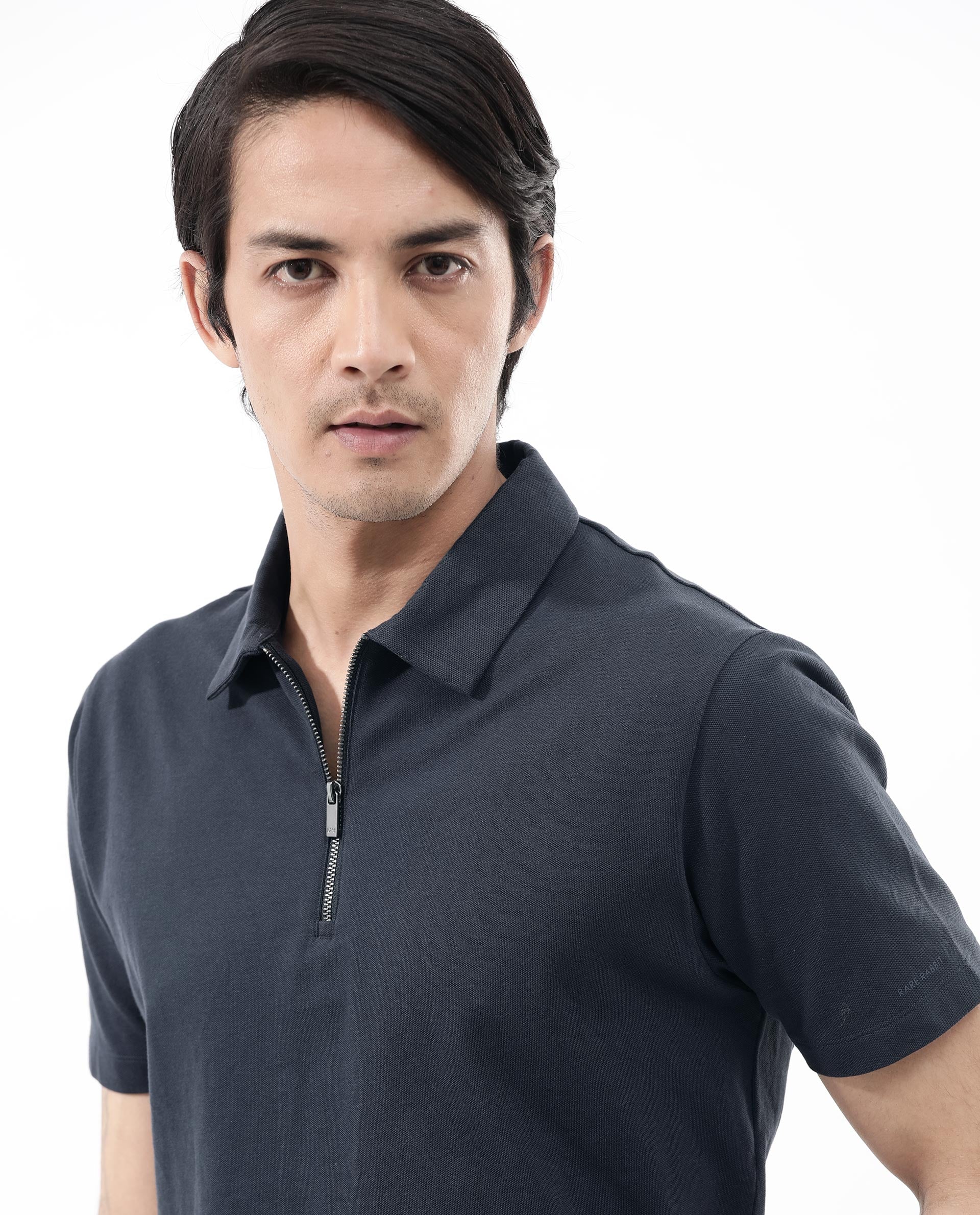 Rare Rabbit Mens Stan-2 Dusky Navy Cotton Lycra Fabric Short Sleeve Zipper Closure Solid Polo T-Shirt