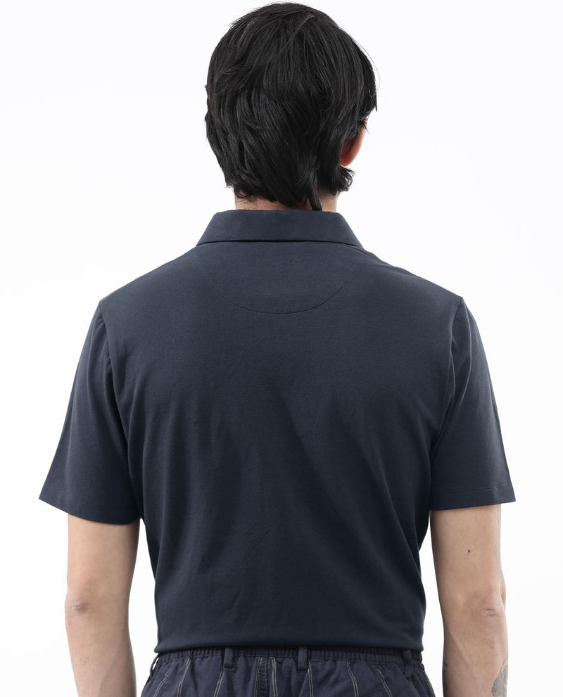 Rare Rabbit Mens Stan-2 Dusky Navy Cotton Lycra Fabric Short Sleeve Zipper Closure Solid Polo T-Shirt