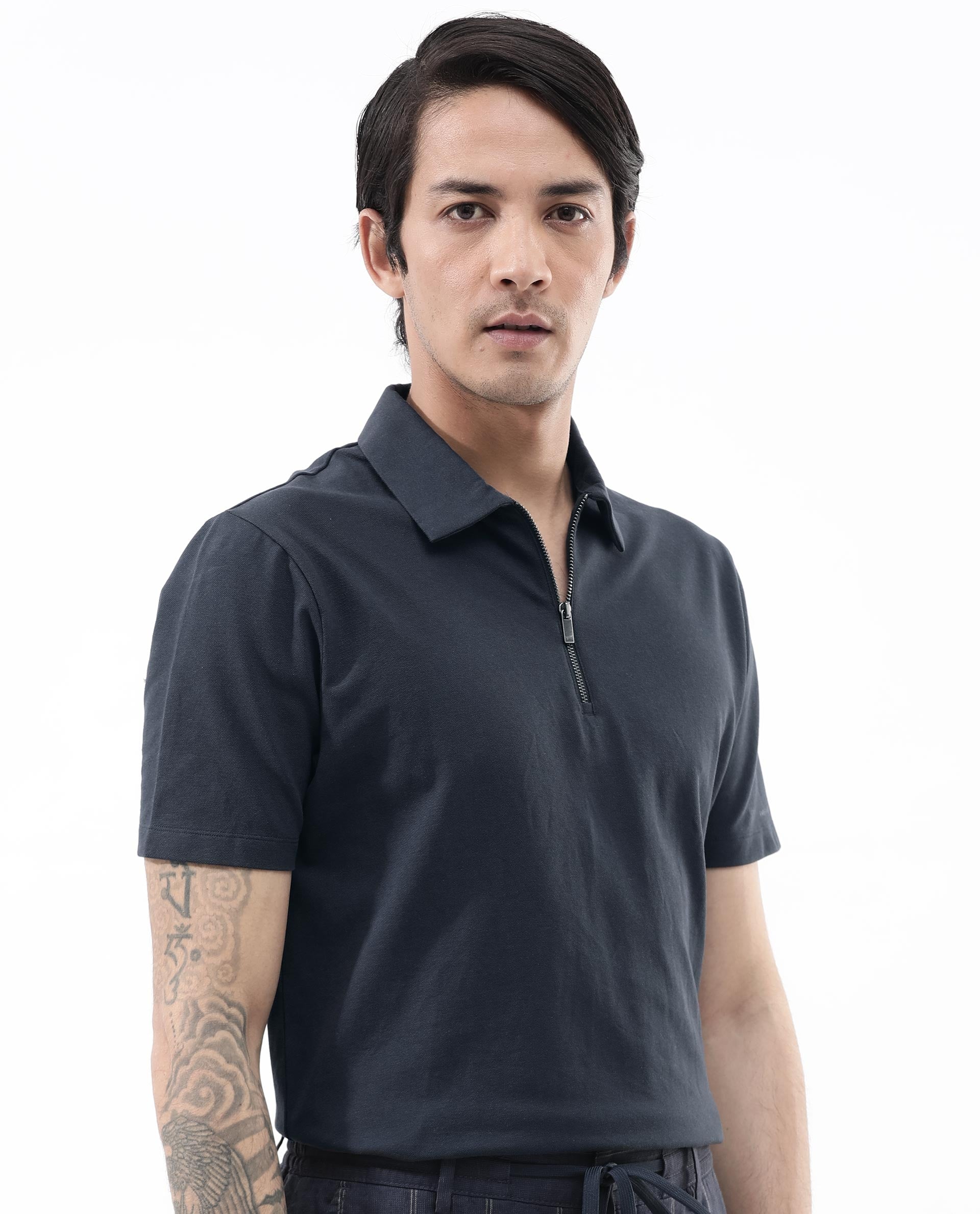 Rare Rabbit Mens Stan-2 Dusky Navy Cotton Lycra Fabric Short Sleeve Zipper Closure Solid Polo T-Shirt