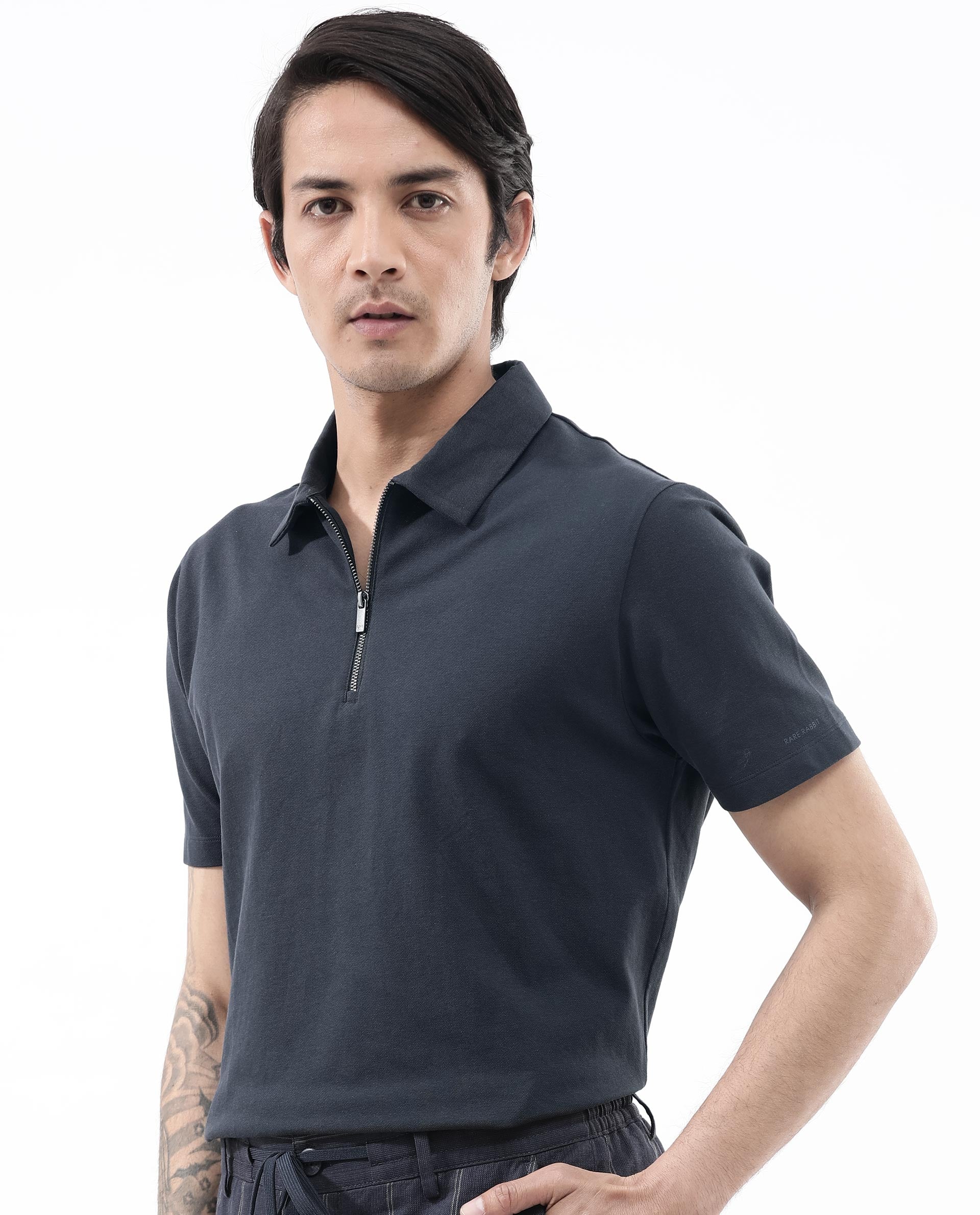 Rare Rabbit Mens Stan-2 Dusky Navy Cotton Lycra Fabric Short Sleeve Zipper Closure Solid Polo T-Shirt