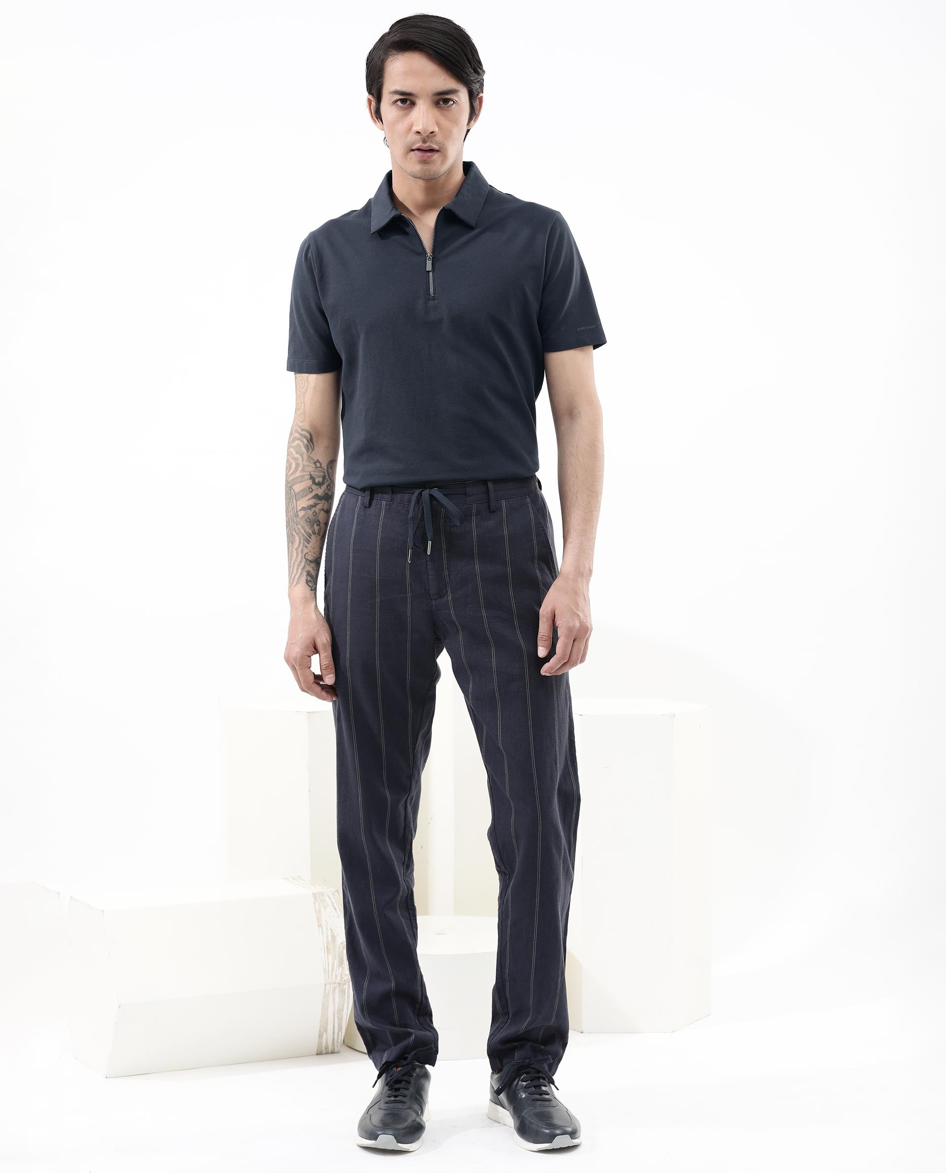 Rare Rabbit Mens Stan-2 Dusky Navy Cotton Lycra Fabric Short Sleeve Zipper Closure Solid Polo T-Shirt