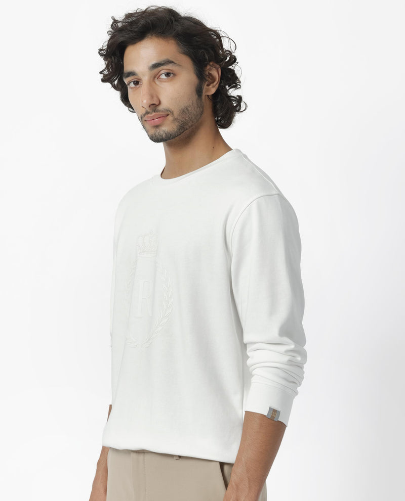 Rare Rabbit Men's Staple Off White Cotton Polyester Fabric Full Sleeves Graphic Printed Logo Knitted Sweatshirt