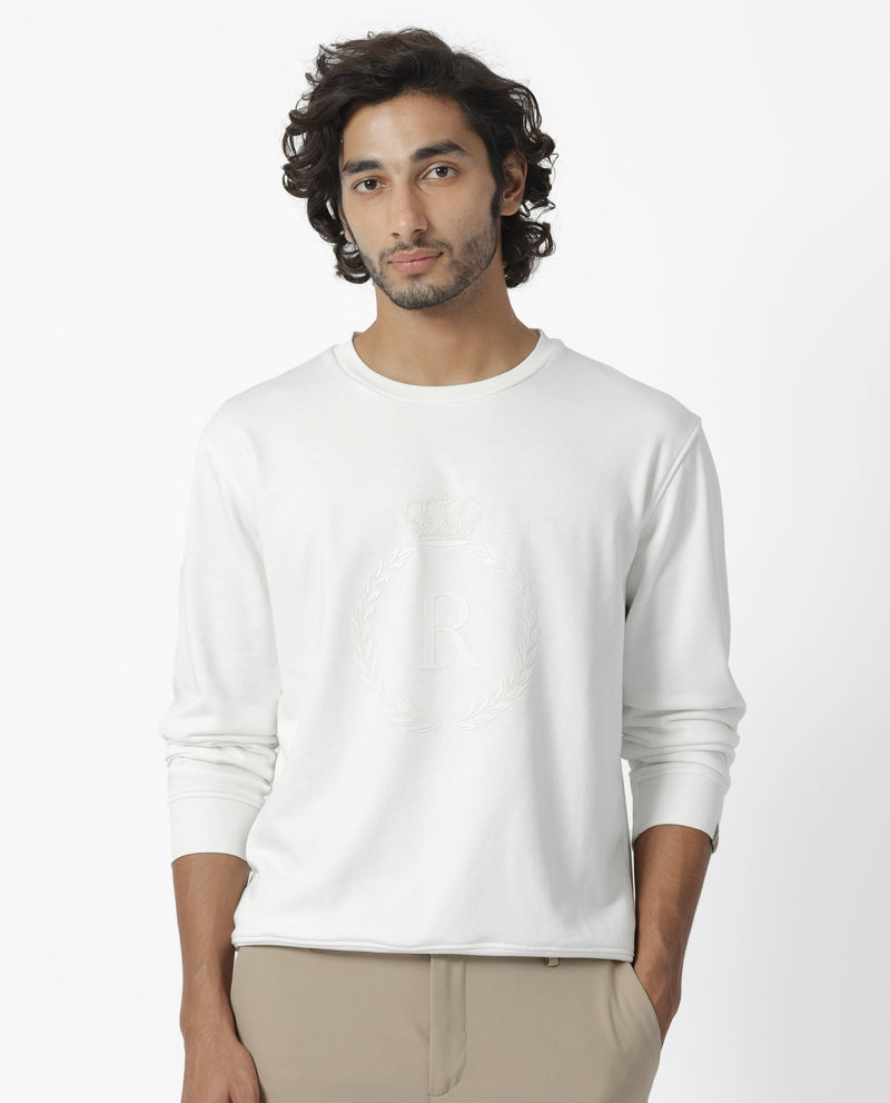 Rare Rabbit Men's Staple Off White Cotton Polyester Fabric Full Sleeves Graphic Printed Logo Knitted Sweatshirt