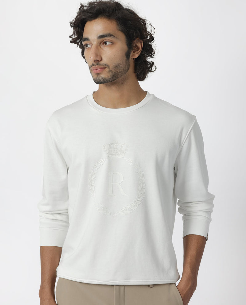 RARE RABBIT MENS STAPLE OFF WHITE SWEATSHIRT COTTON POLYESTER TERRY FABRIC ROUND NECK KNITTED FULL SLEEVES COMFORTABLE FIT