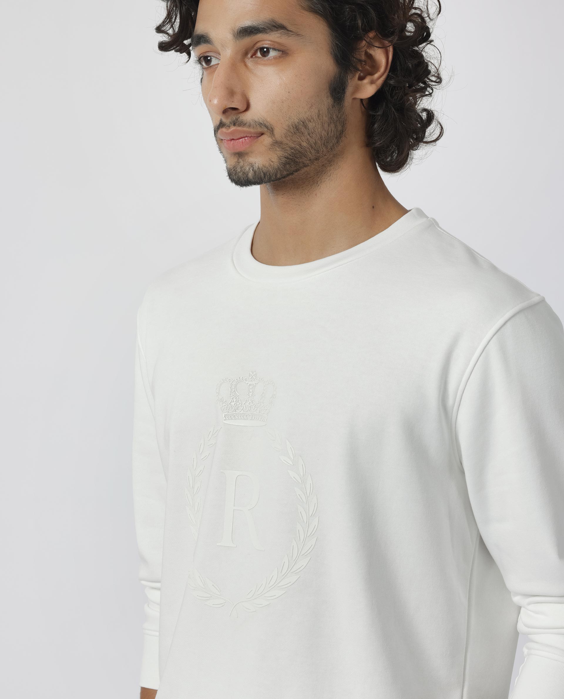 Rare Rabbit Men's Staple Off White Cotton Polyester Fabric Full Sleeves Graphic Printed Logo Knitted Sweatshirt