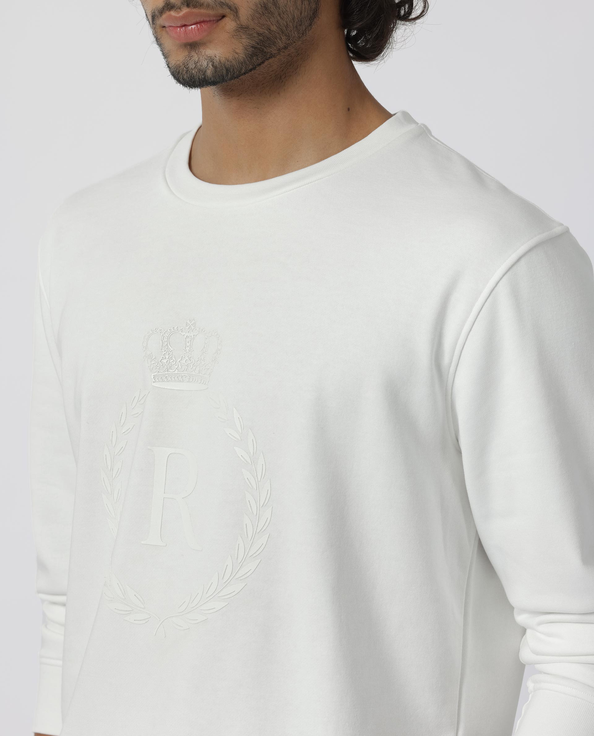 Rare Rabbit Men's Staple Off White Cotton Polyester Fabric Full Sleeves Graphic Printed Logo Knitted Sweatshirt