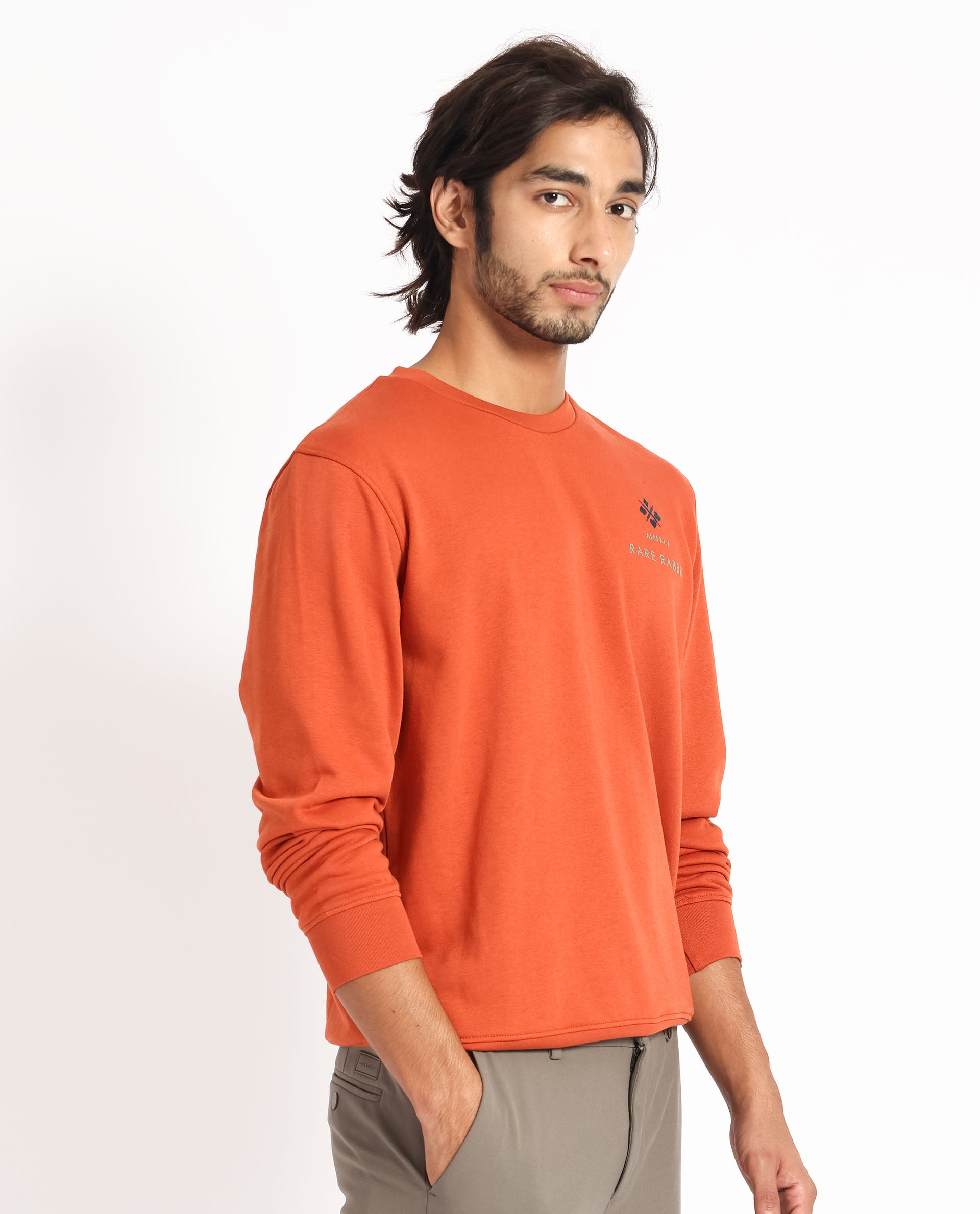 Rare Rabbit Men's Cerdon Rust Cotton Polyester Fabric Full Sleeves Graphic Branding Print Knitted Sweatshirt